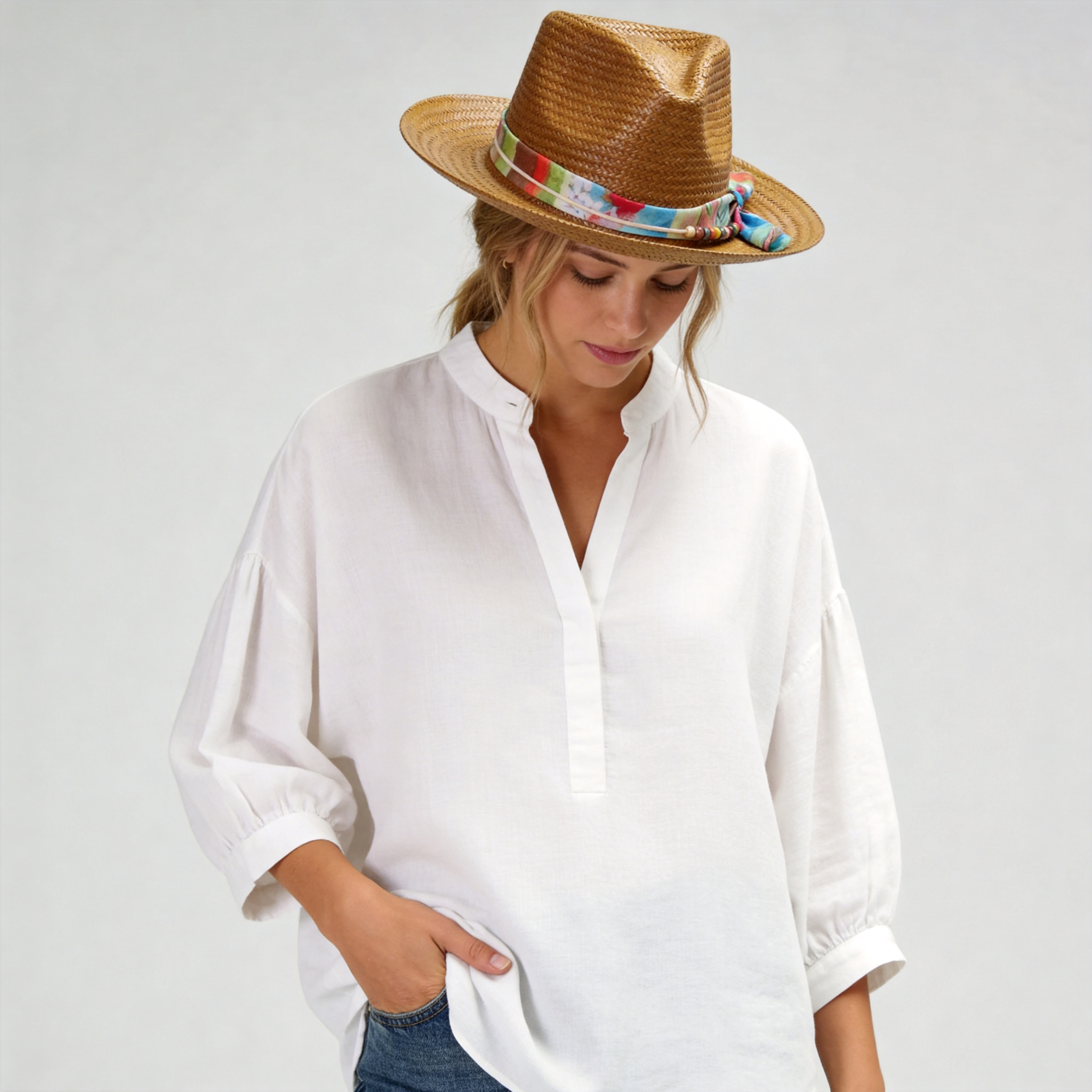 Caramel Straw Hat with Colorful Fabric Band & Beads