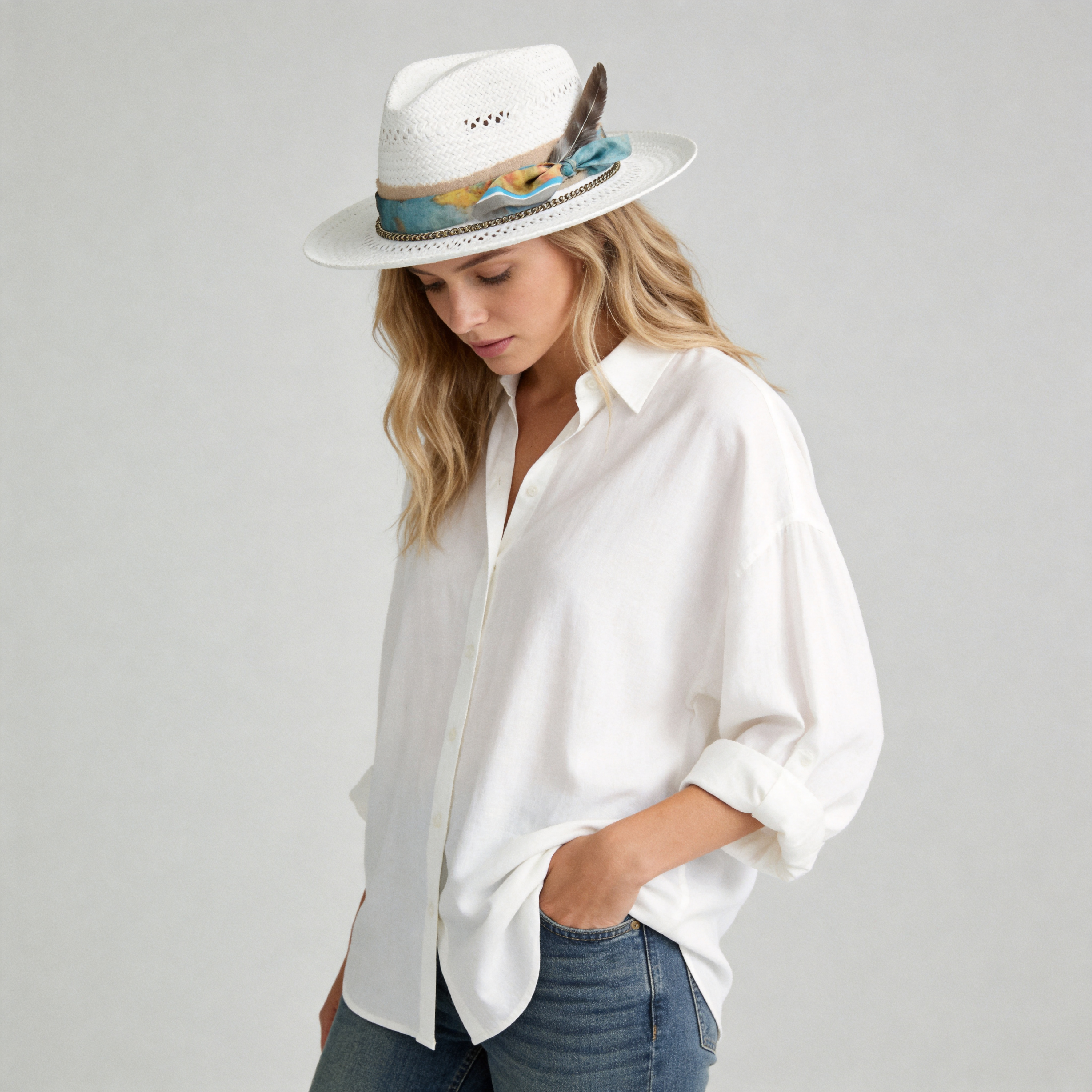 White Straw Hat - Classic Teardrop with Metal Chain Detail
