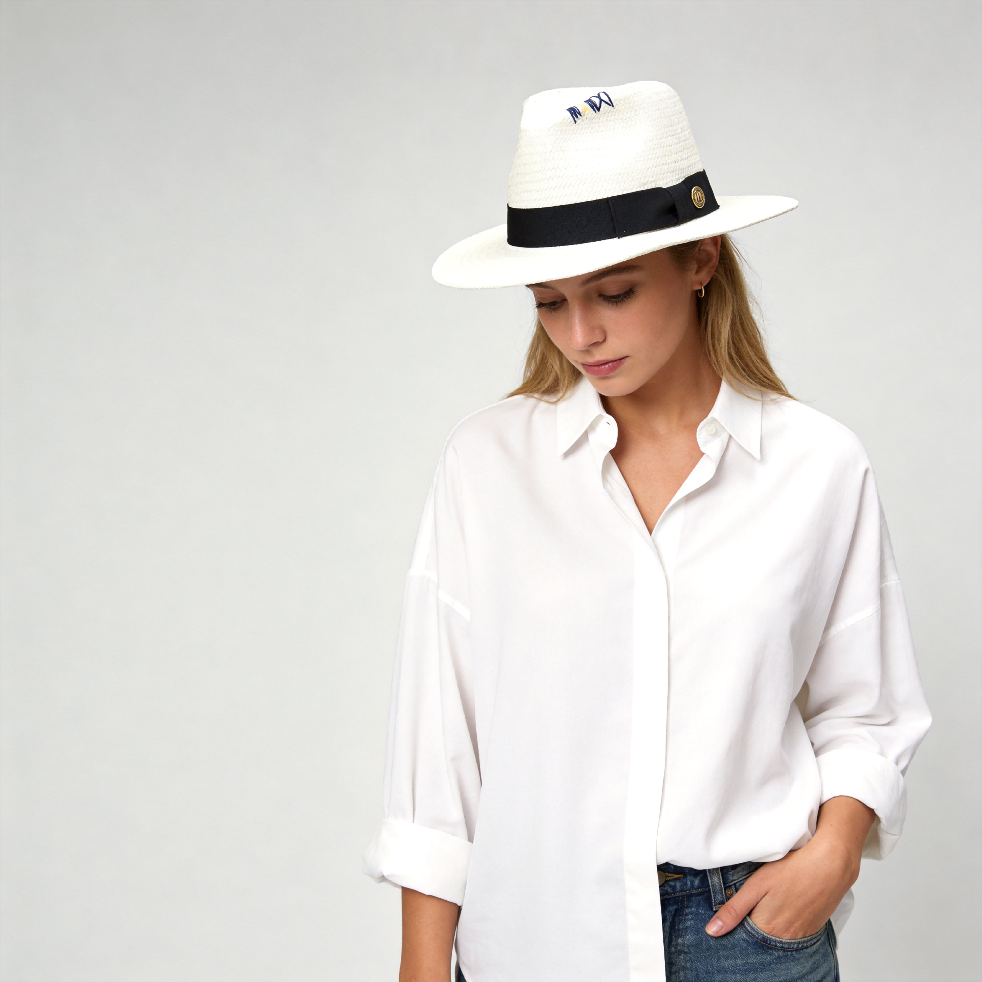 White Straw Hat with Copper Buckle & Stitched Crown