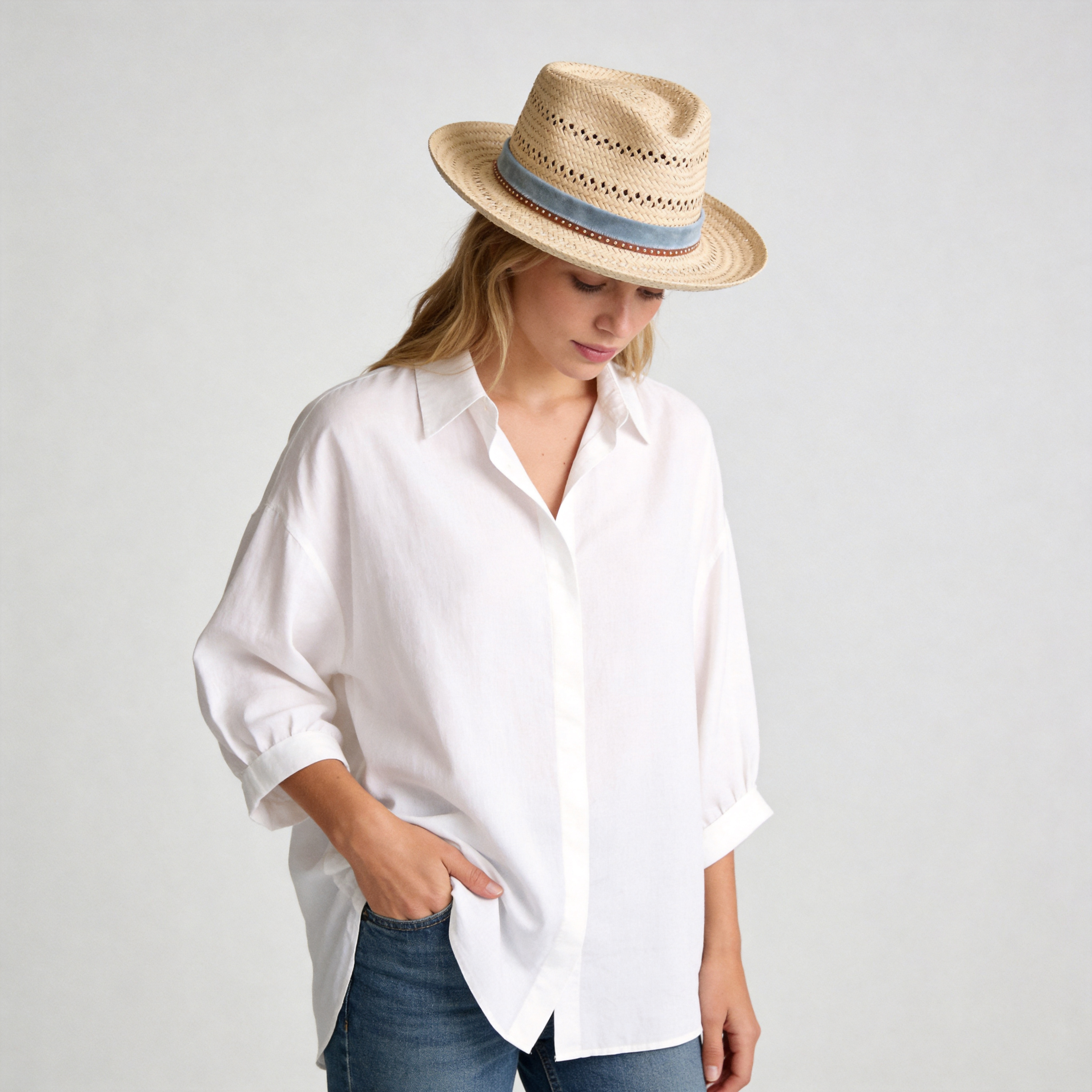 Natural Straw Hat with Cutout Crown & Blue Fabric Band