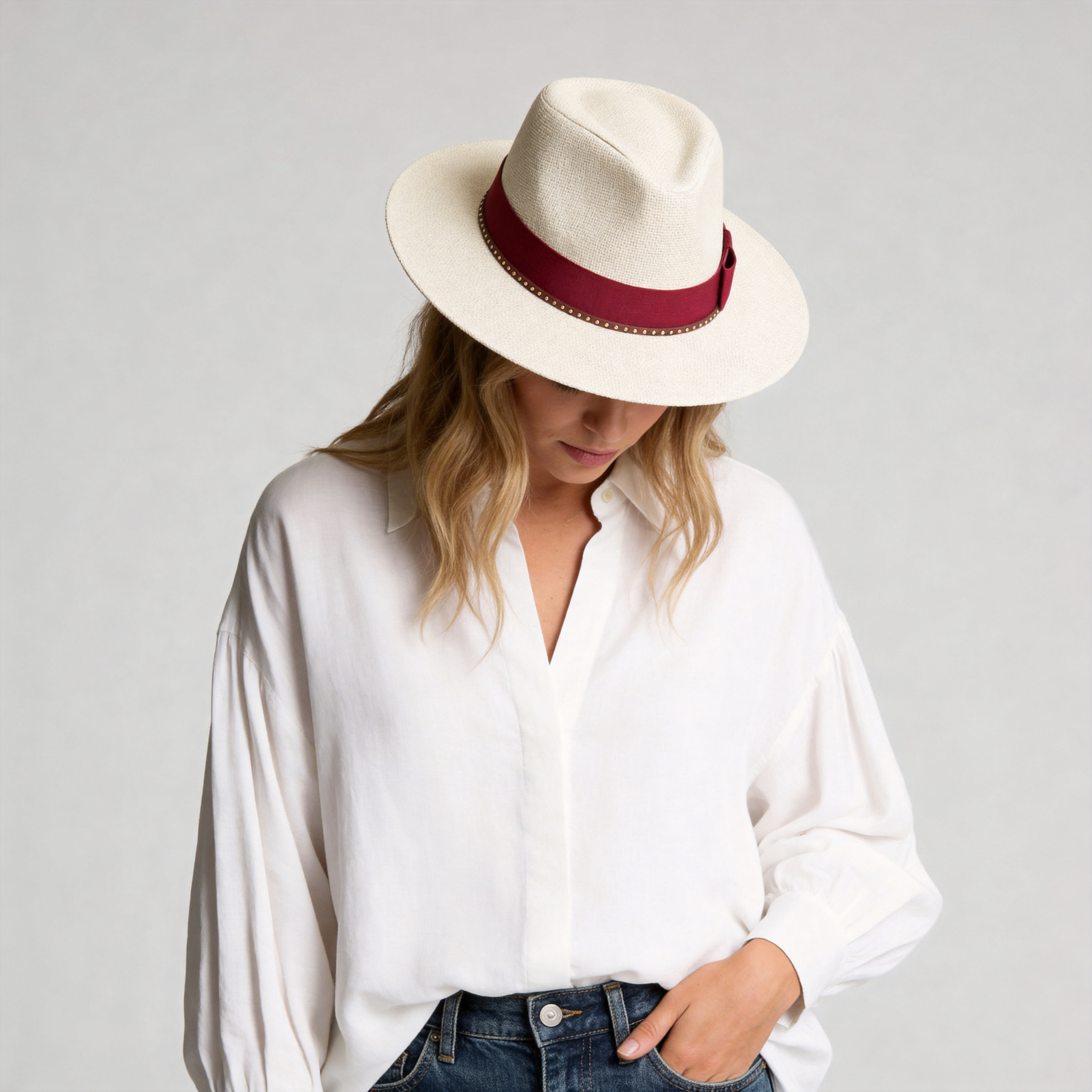 Beige Straw Hat with Dark Red Wide Band & Thin Cord