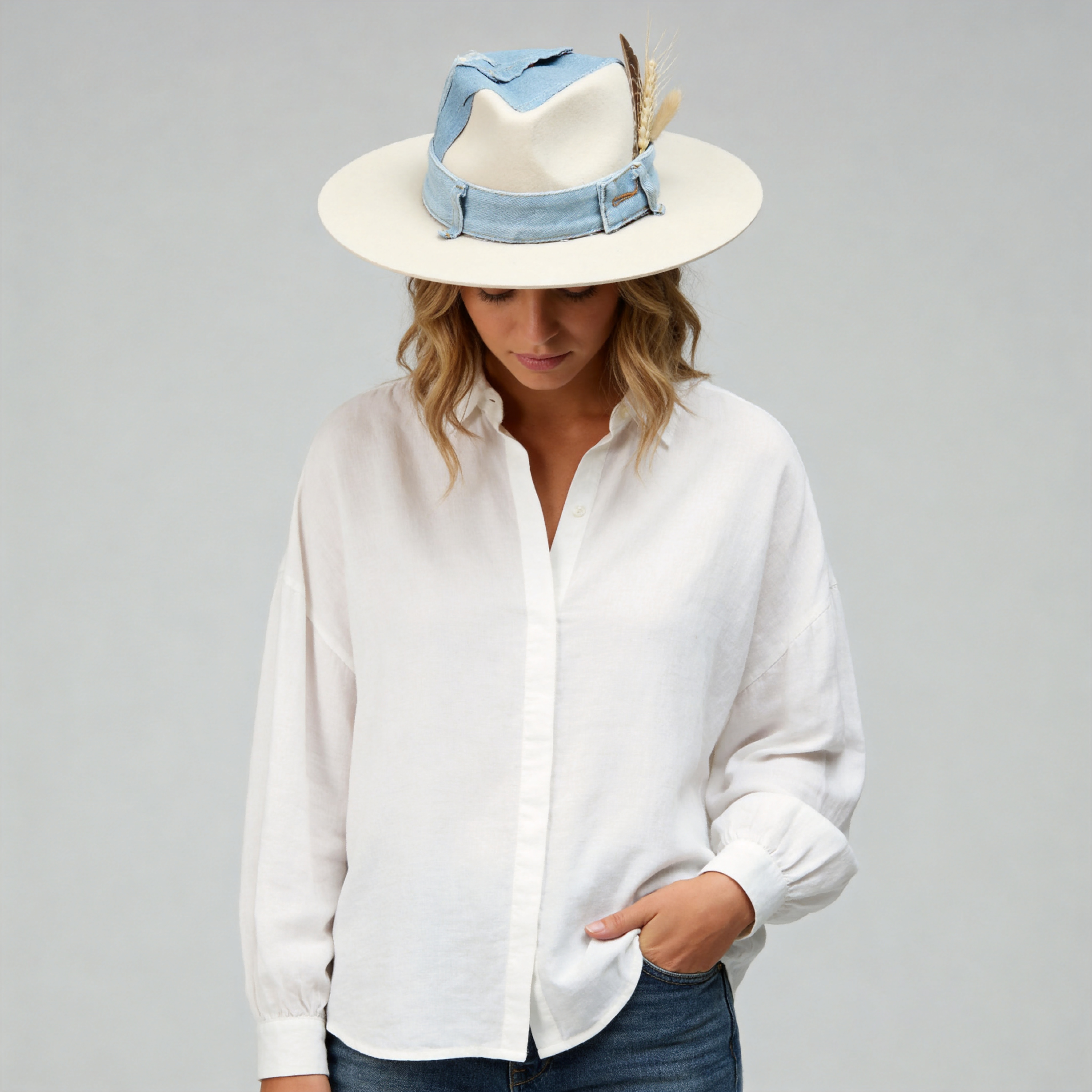 Classic Teardrop Crown - Cream with Denim & Feathers