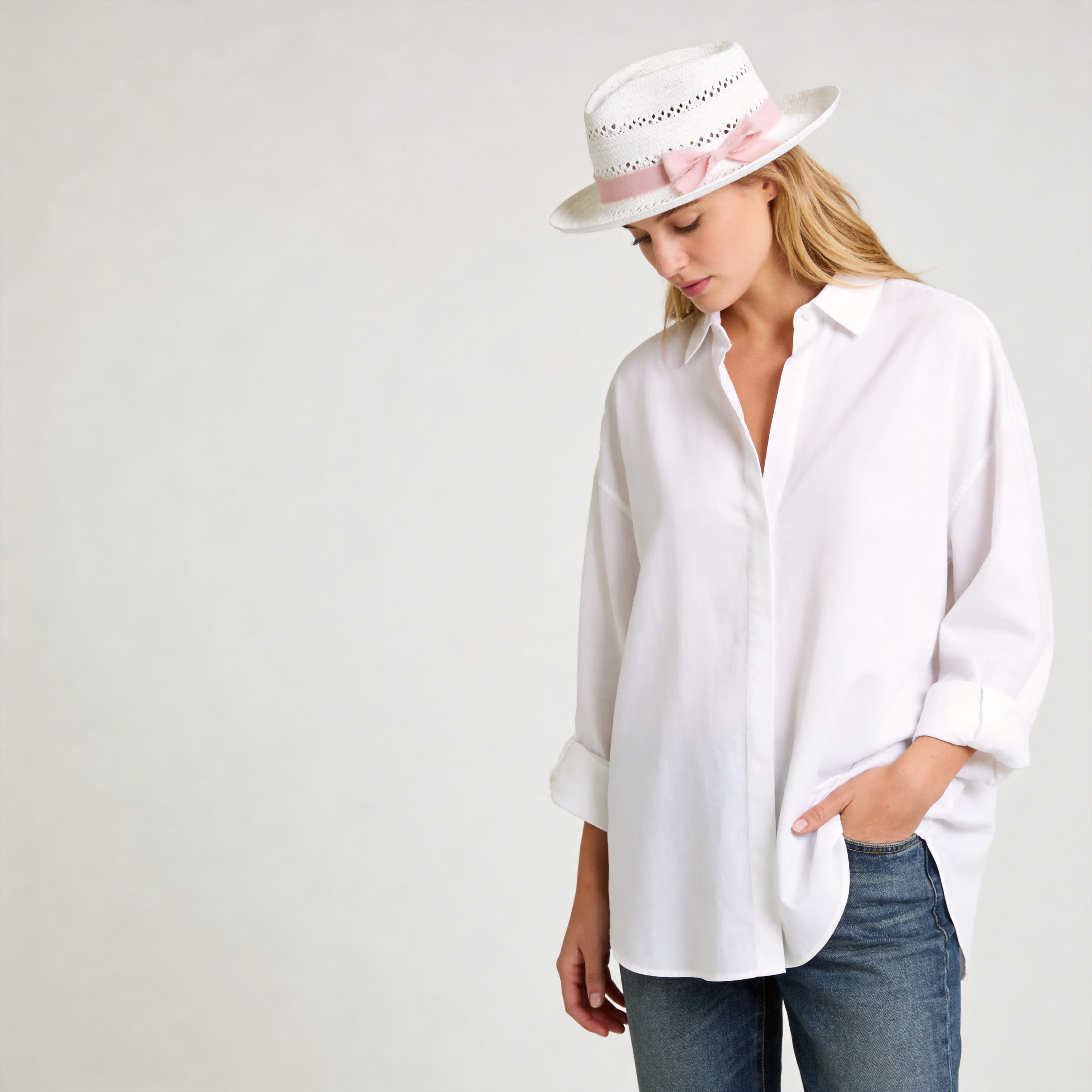 White Straw Hat with Cutout Crown & Light Pink Bow