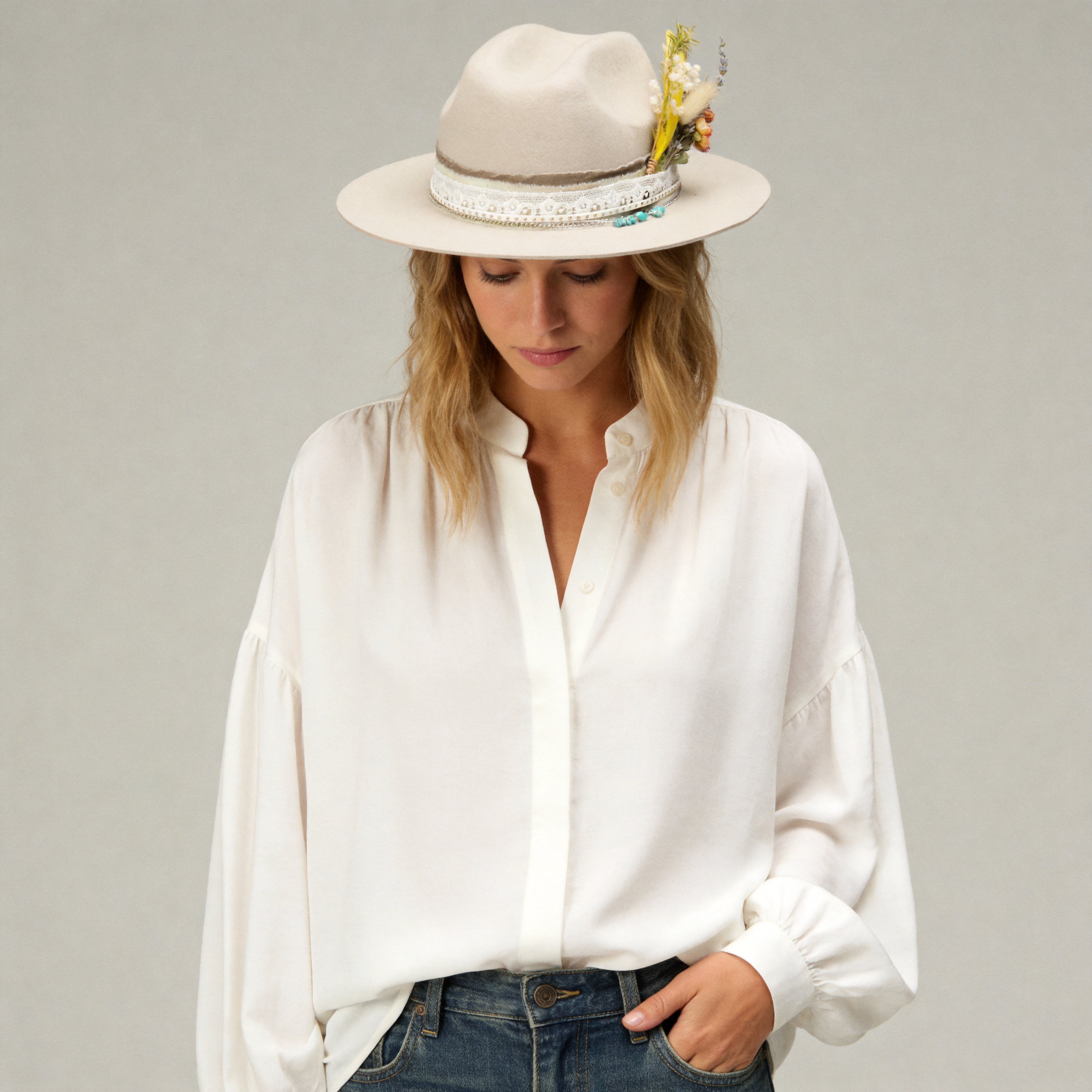 Cattleman Fedora - Cream with Bright Dried Flowers