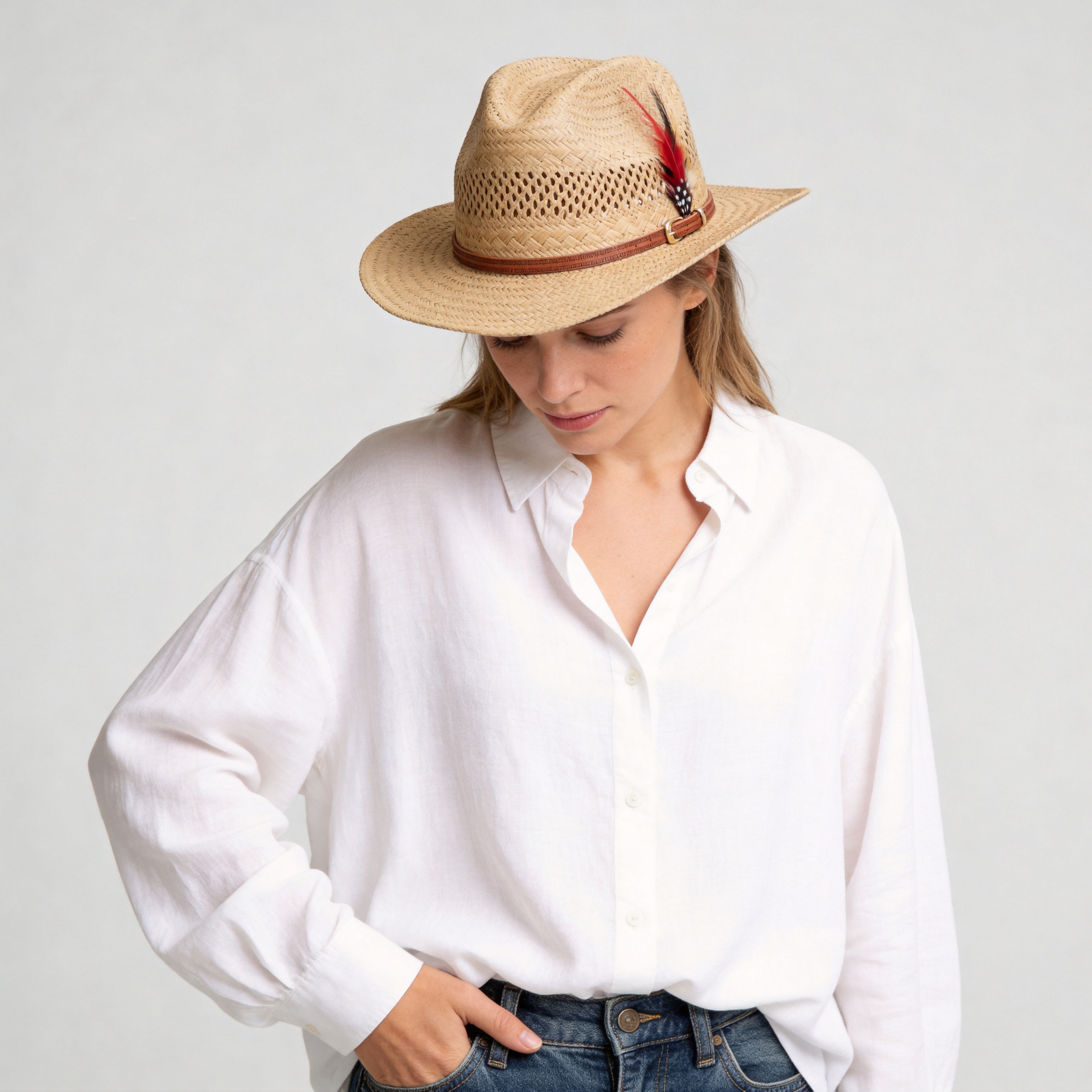 Light Brown Straw Hat with Printed Leather Band & Feather