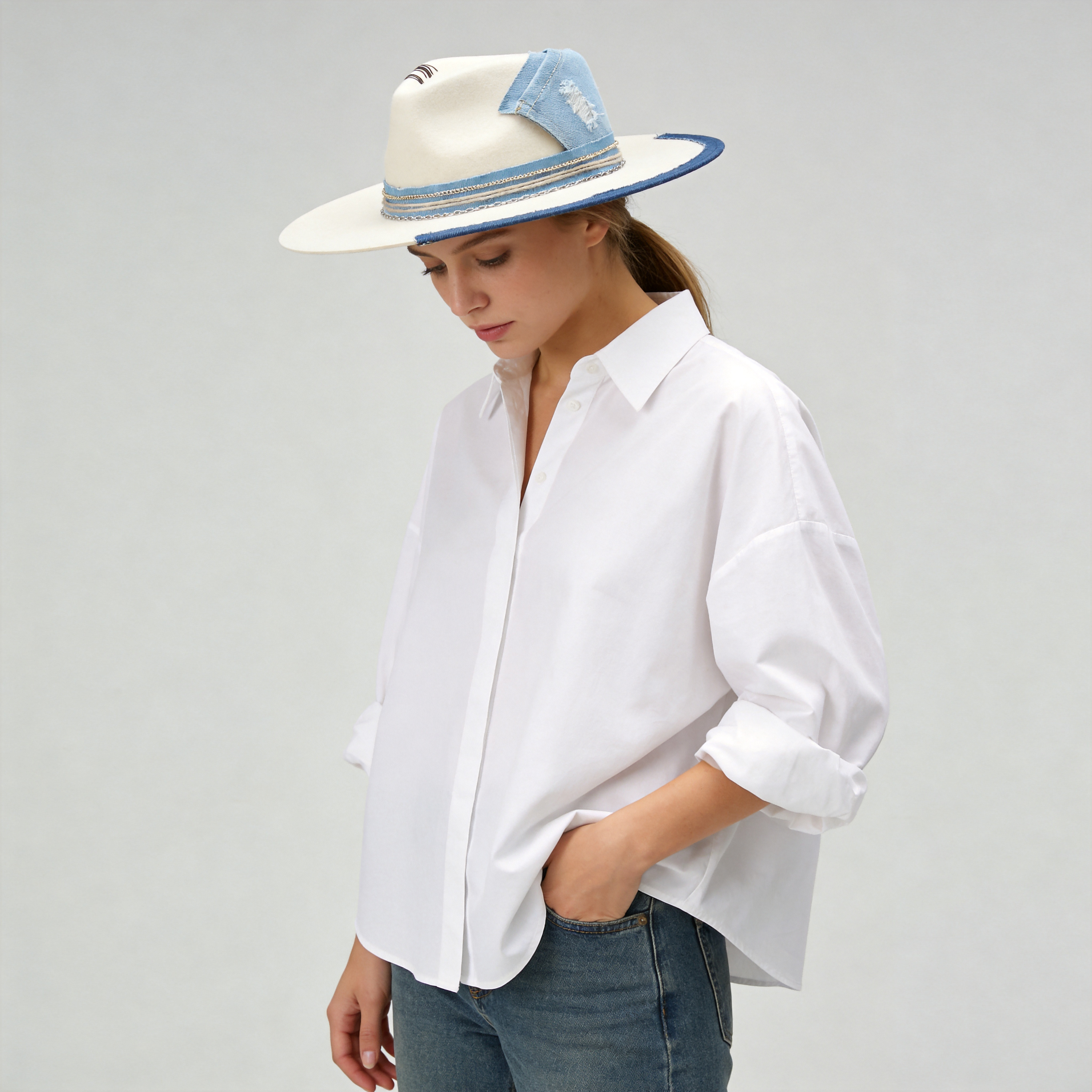 Teardrop Fedora - Cream with Denim Stitching