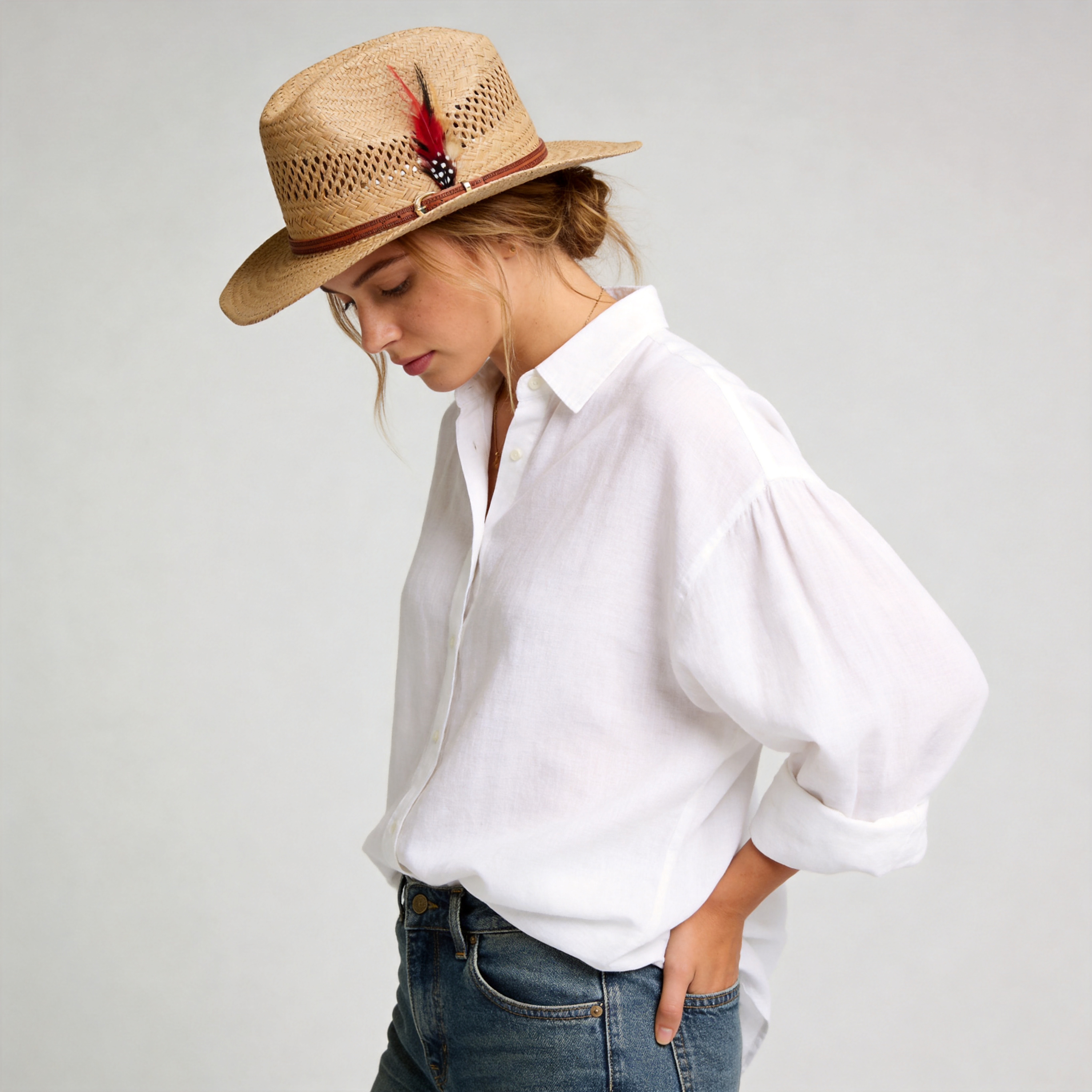 Light Brown Straw Hat with Printed Leather Band & Feather