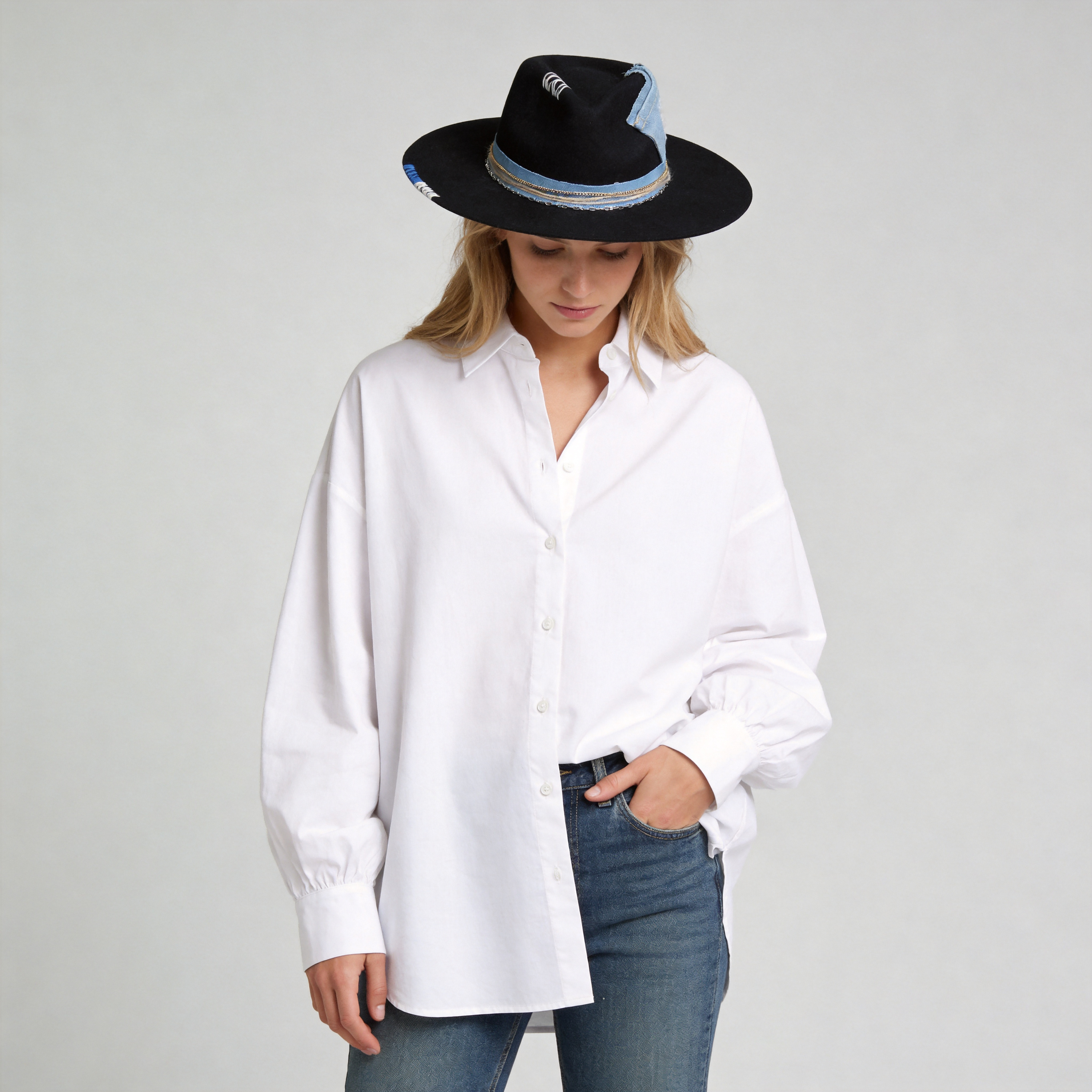 Teardrop Fedora - Black with Denim Stitching