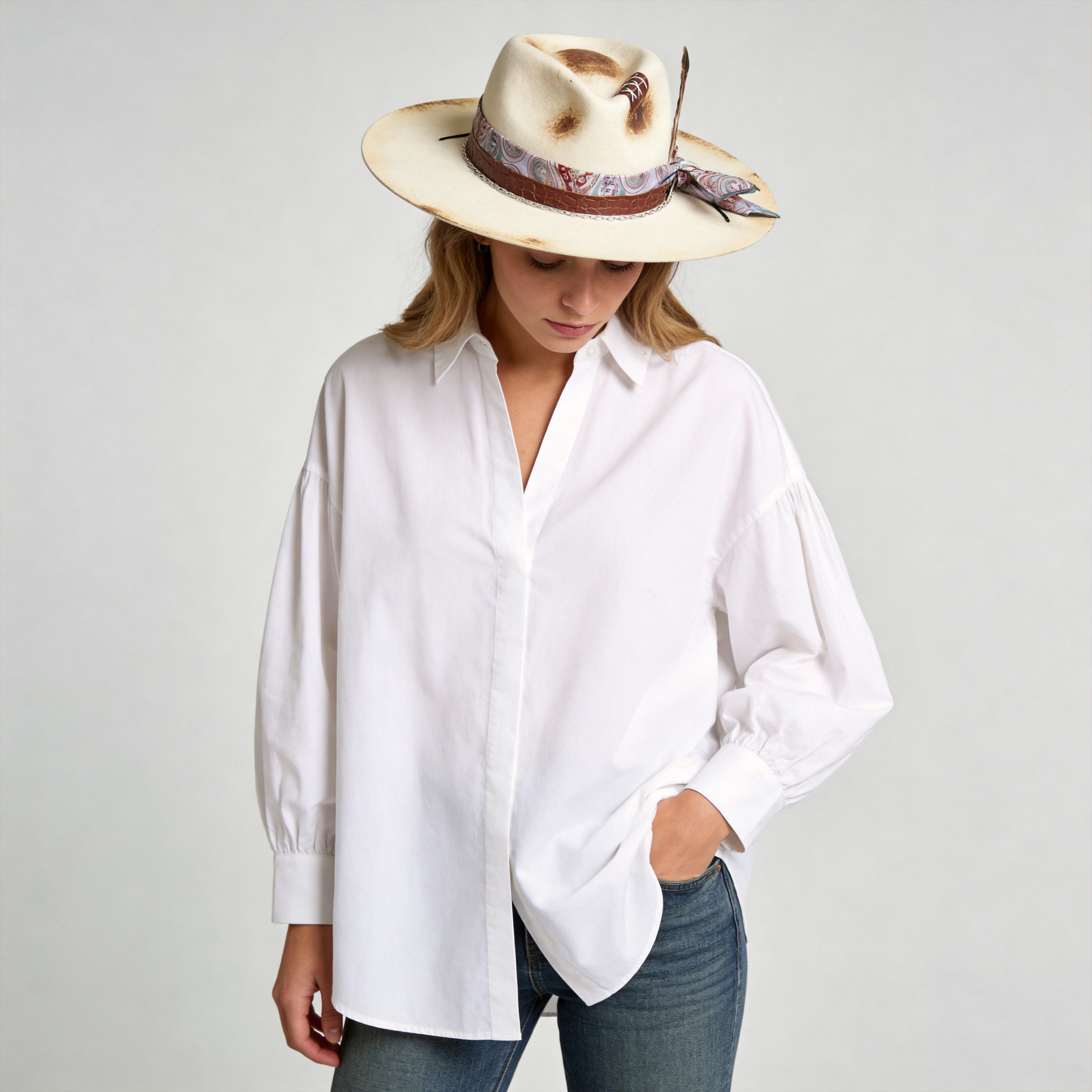 Flat-Brim Hat – Off-White, Charred, Leather, Feathers