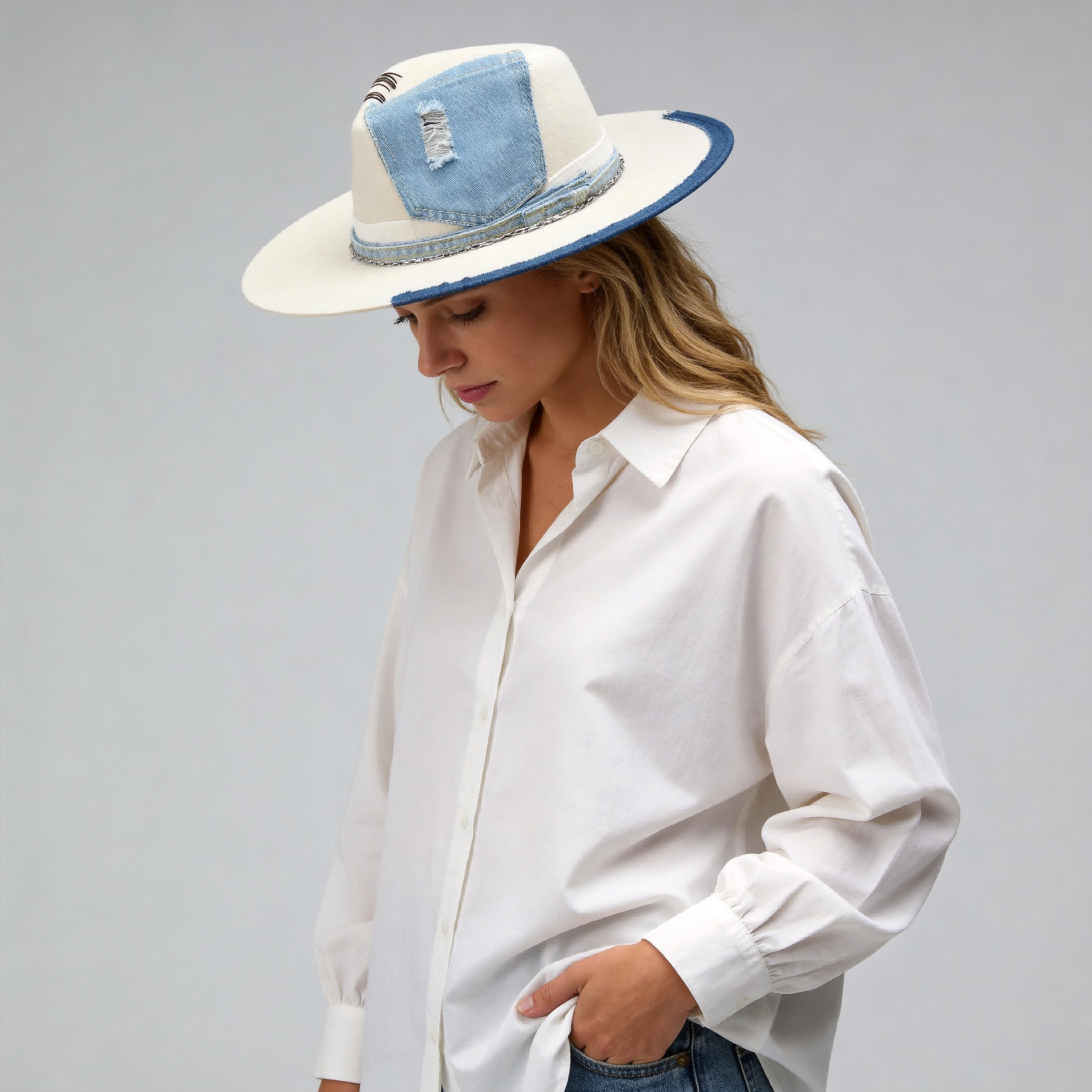 Cream Felt Fedora with Denim & Silver Chain