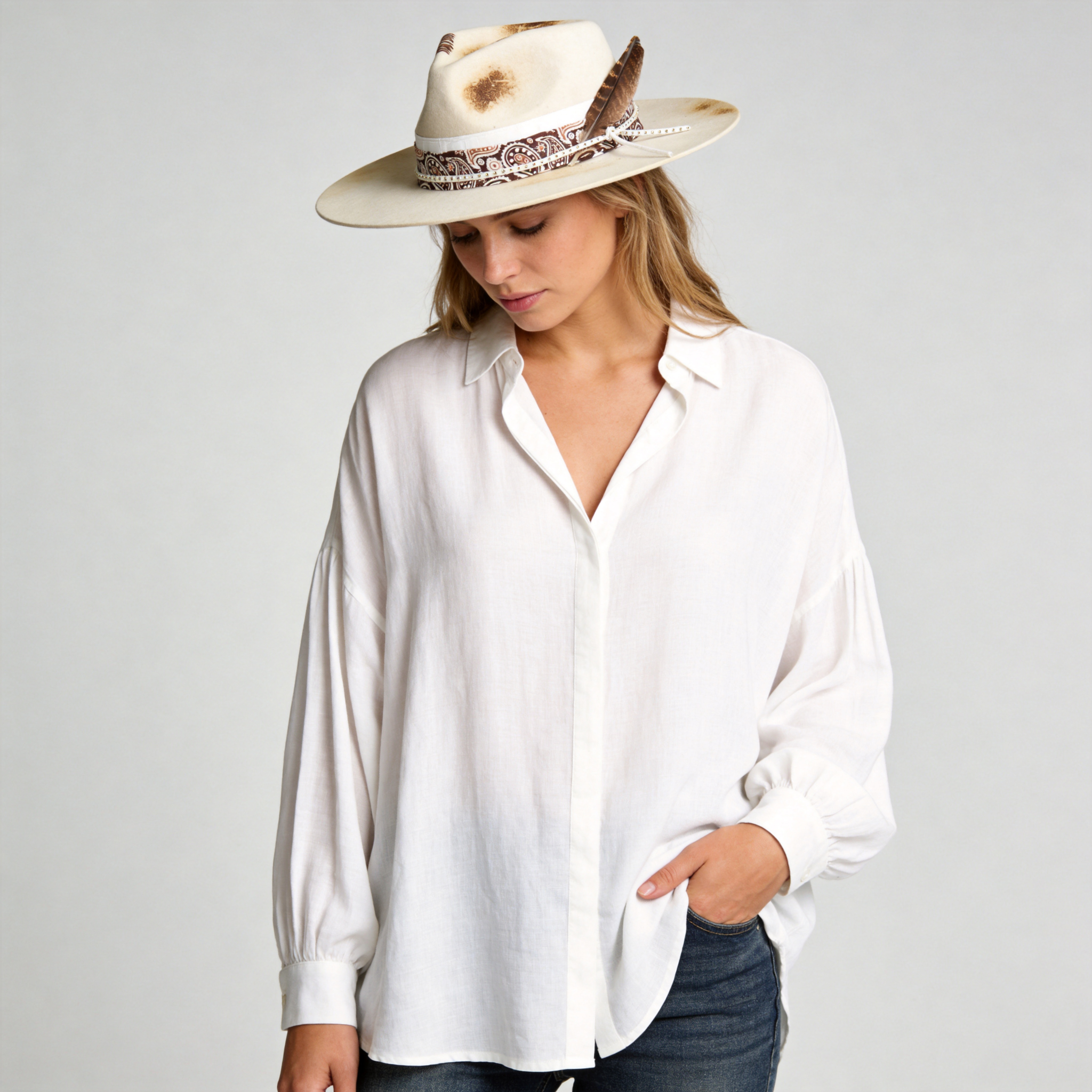 Felt Hat with Charred Detail and Delicate Feathers