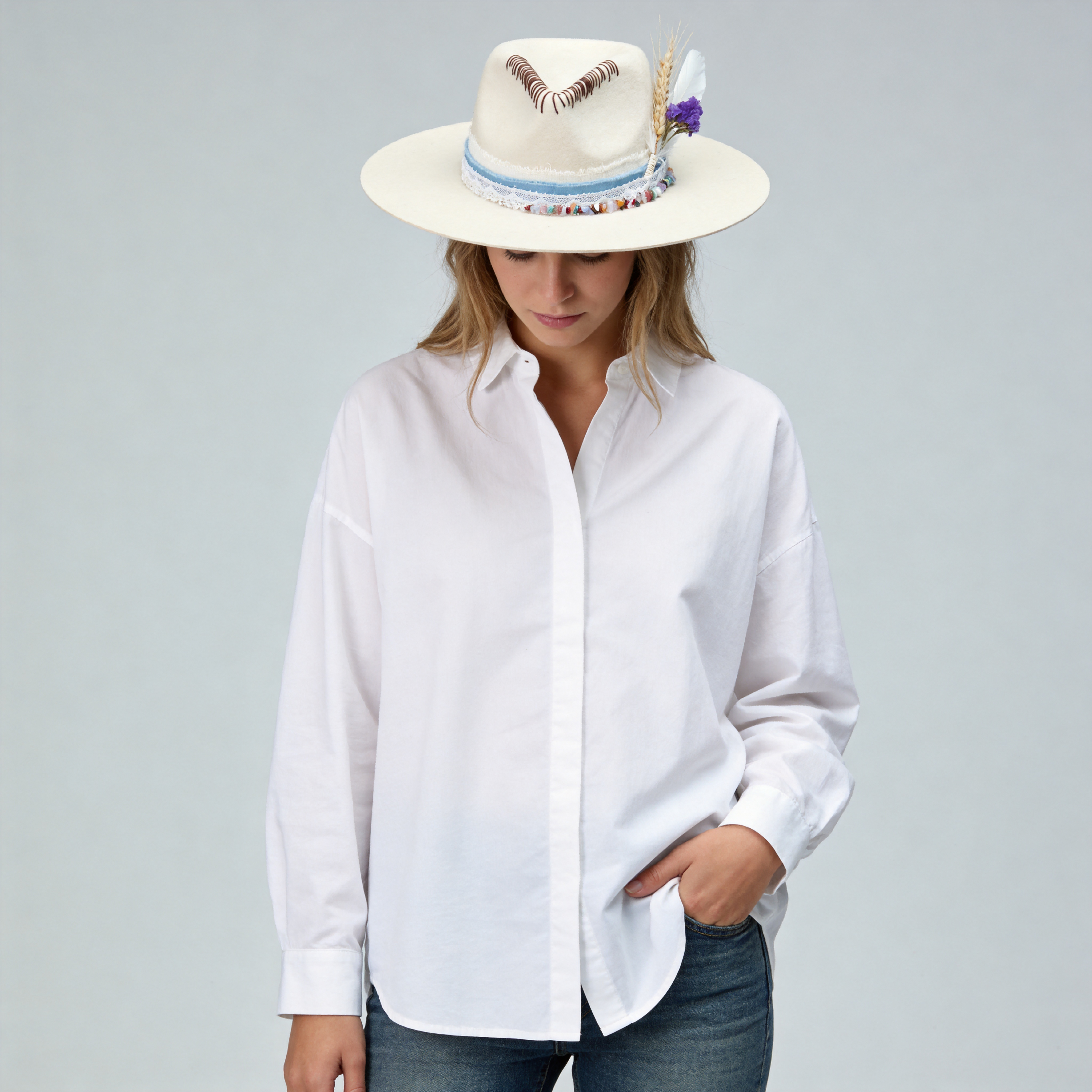 Cream Felt Fedora with Colorful Stones & Dried Flowers