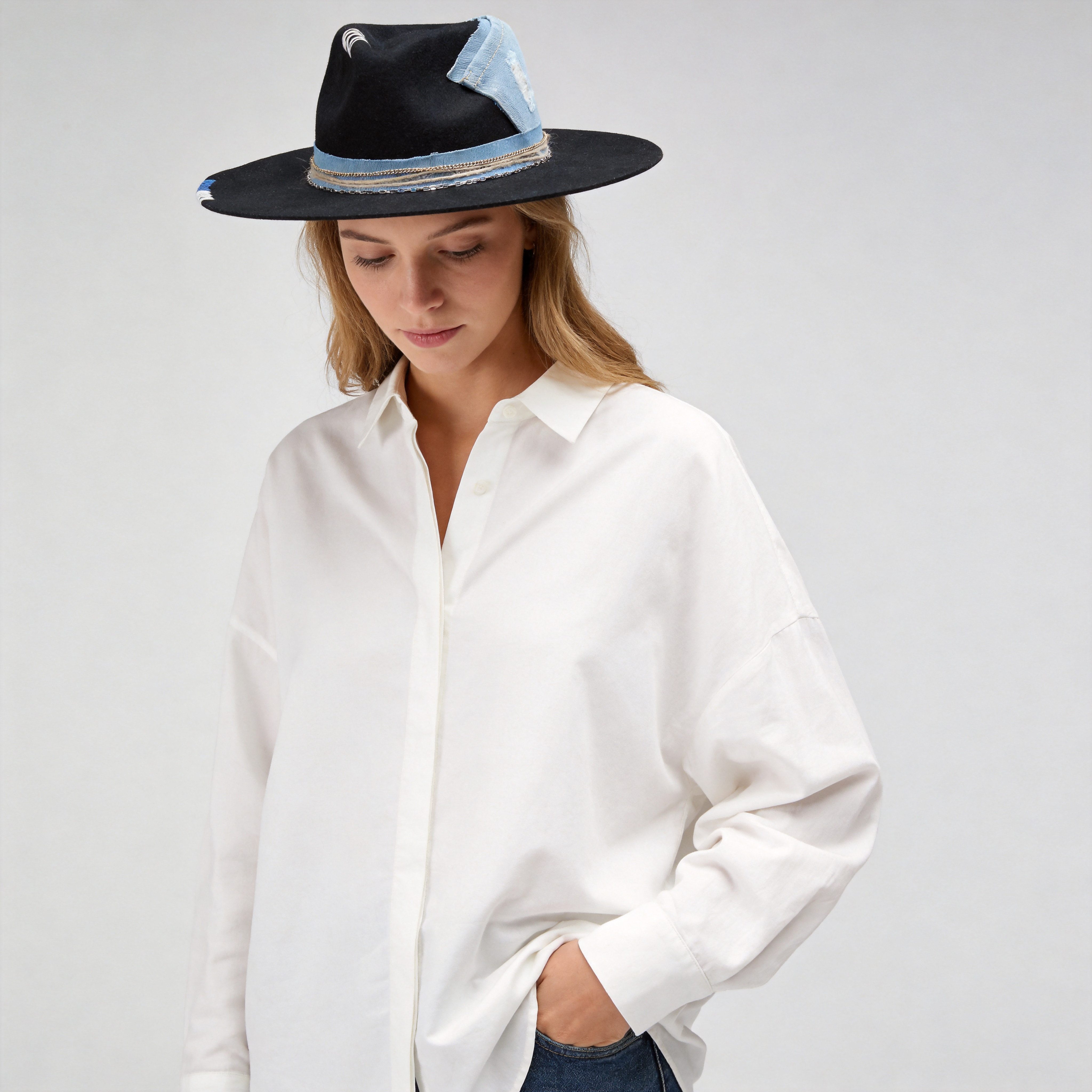 Teardrop Fedora - Black with Denim Stitching