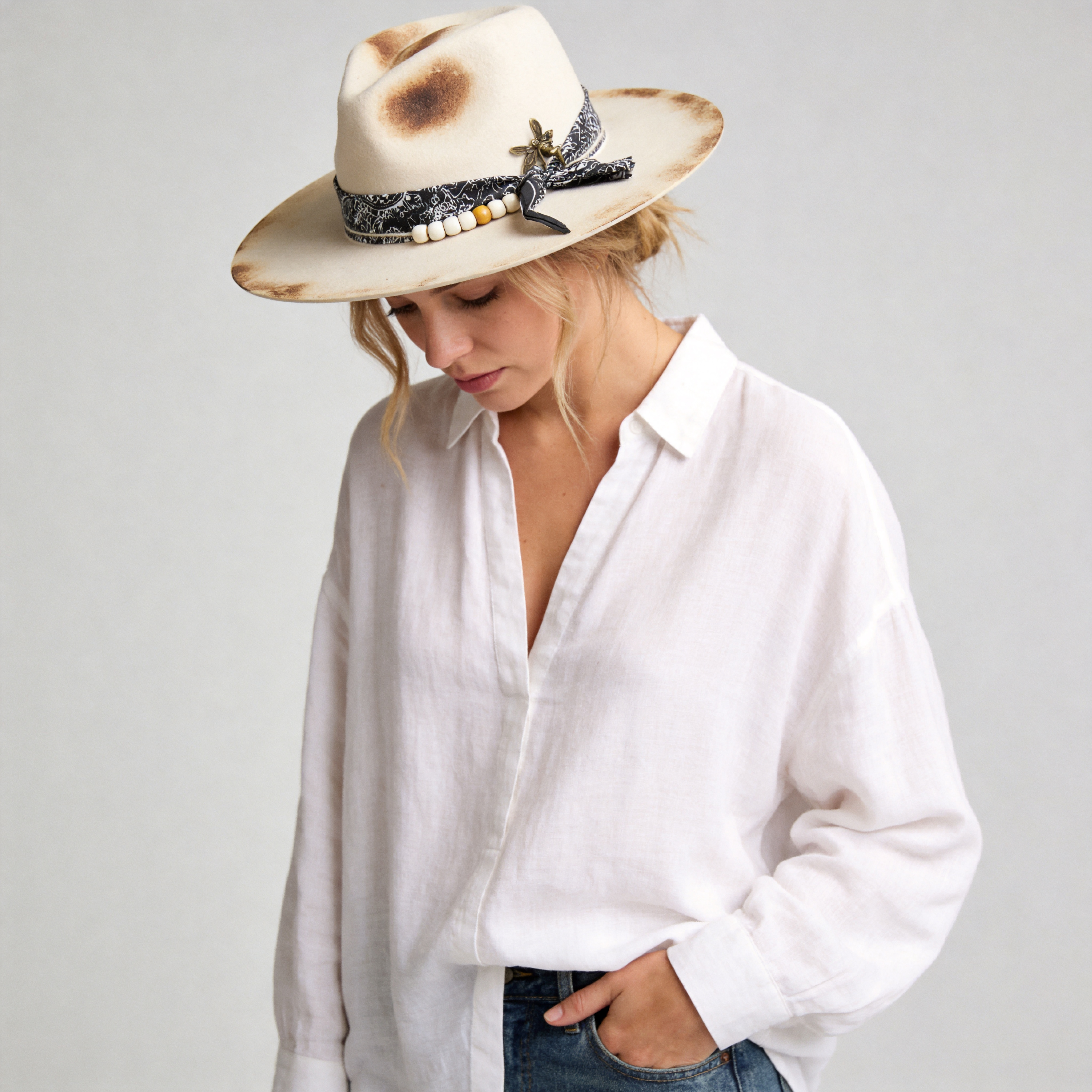 Straight-Brim Felt Hat – Beaded Band, Vintage Metal Pin