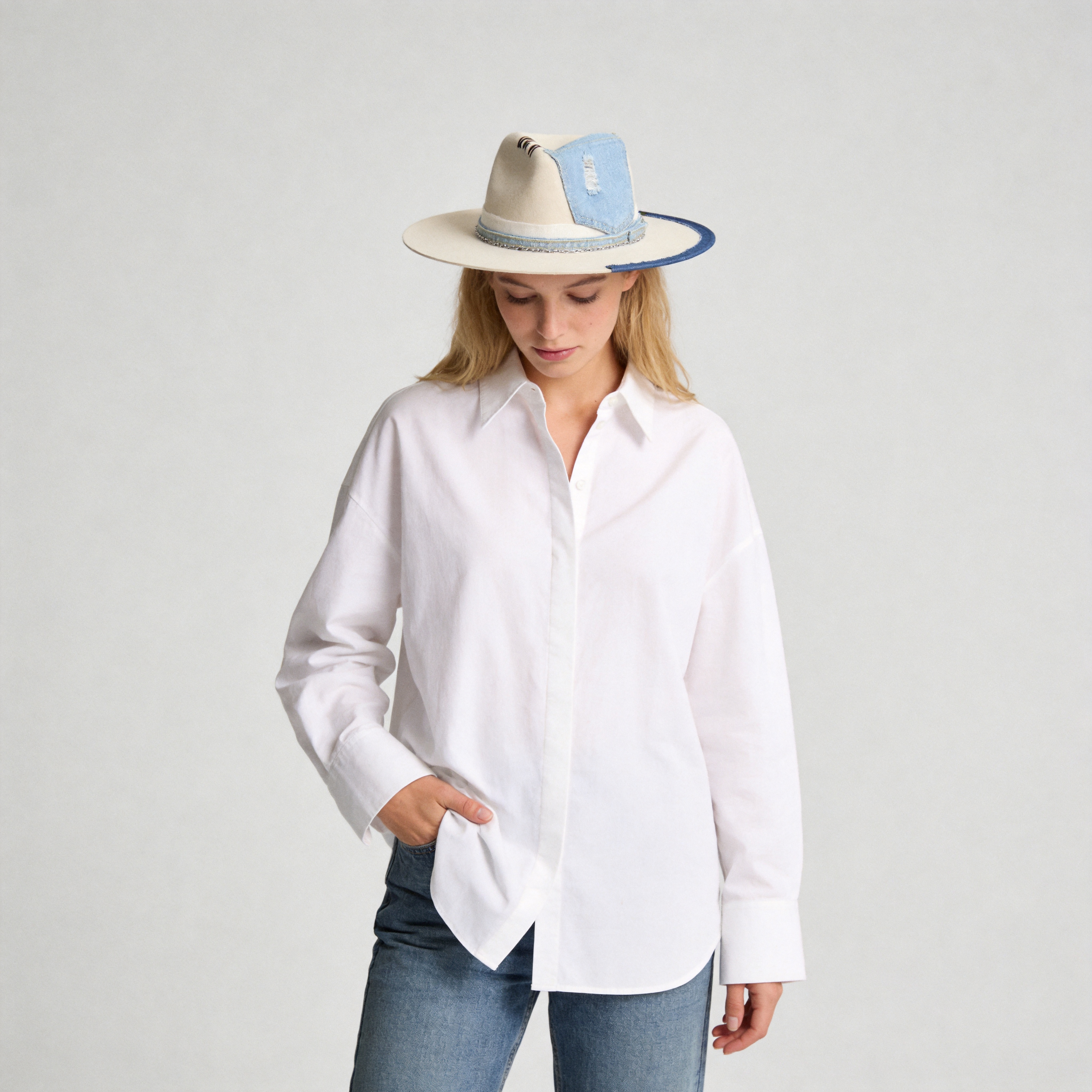 Cream Felt Fedora with Denim & Silver Chain