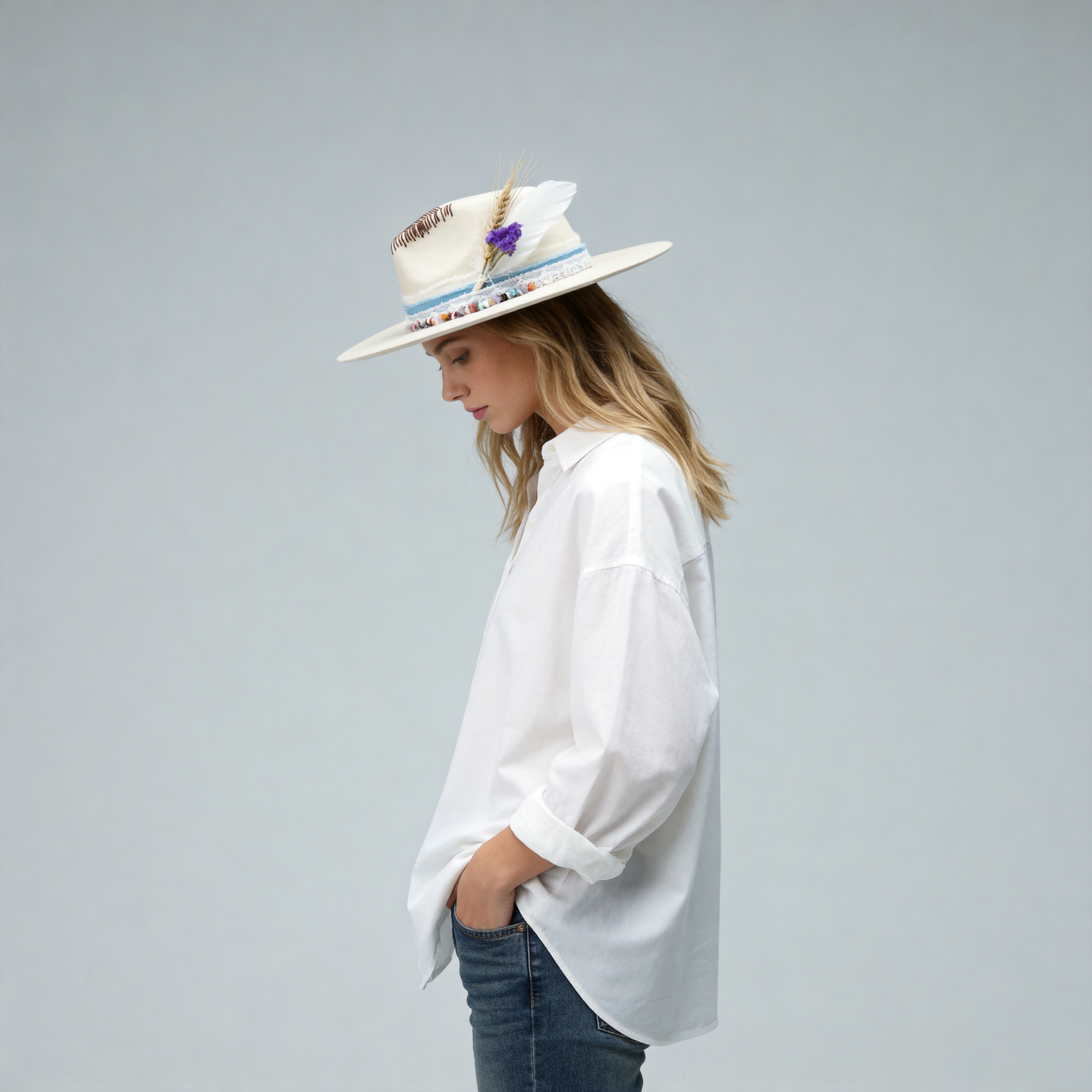 Cream Felt Fedora with Colorful Stones & Dried Flowers