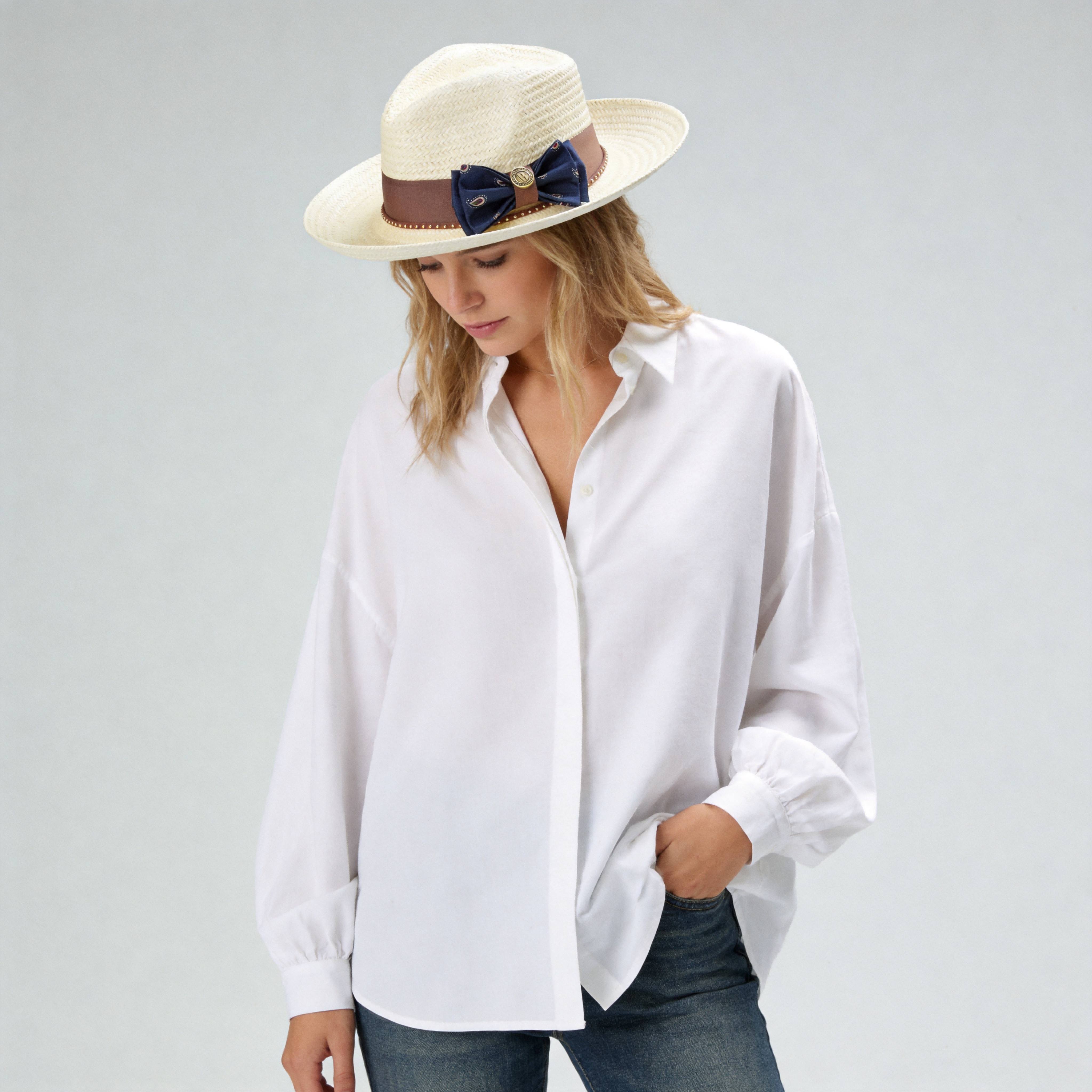 Off-White Straw Hat with Blue Bow & Brown Band