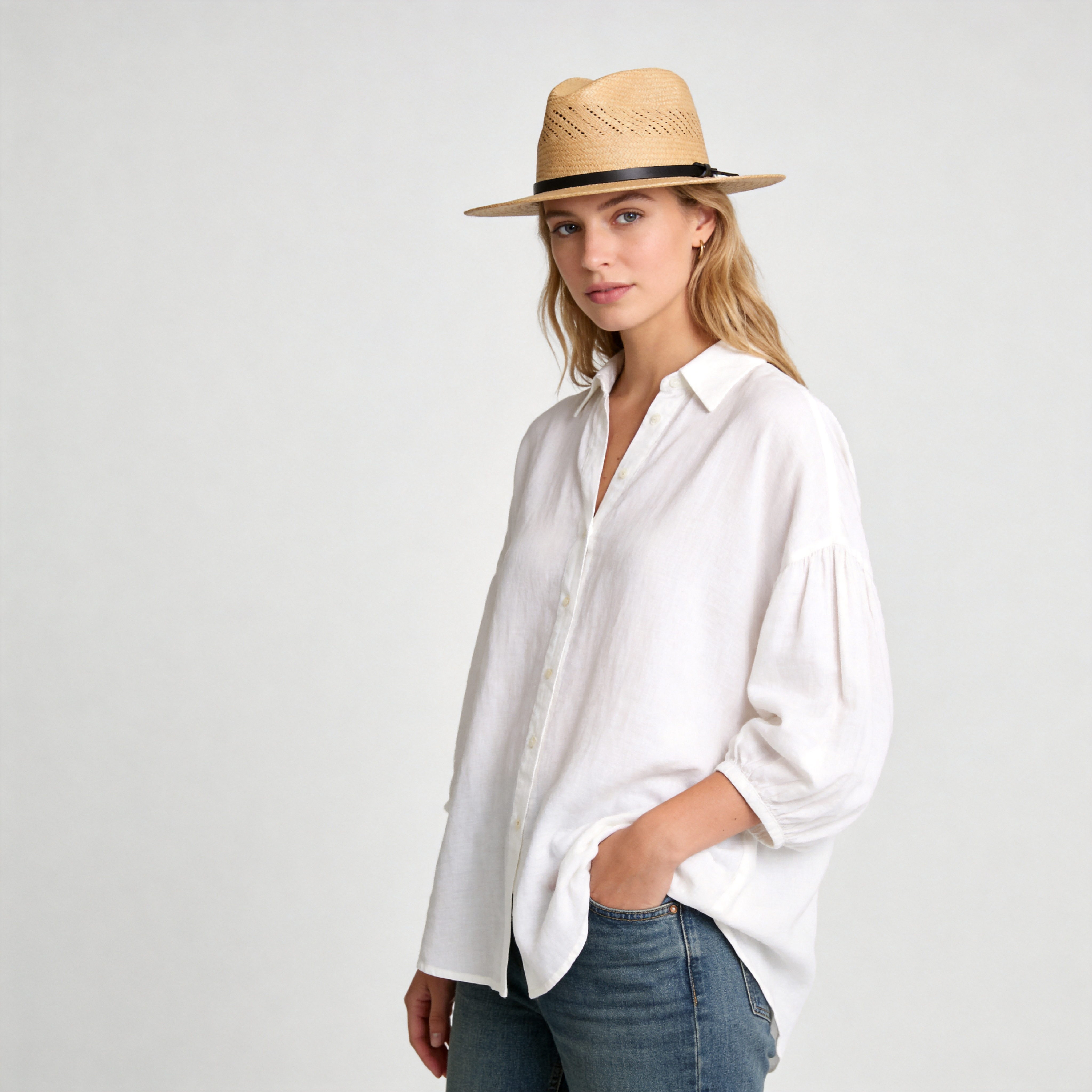 Summer Straw Fedora Hat-White