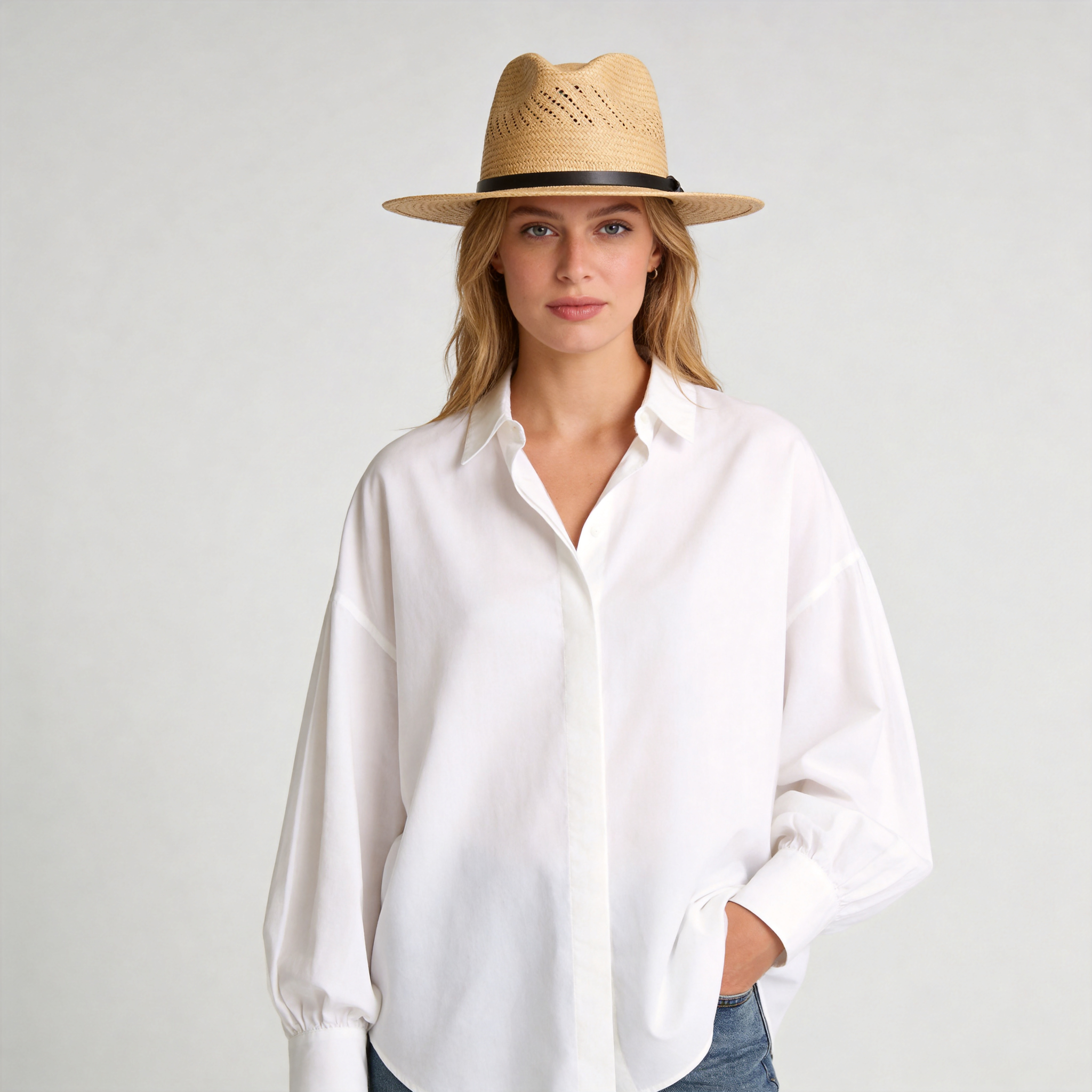 Summer Straw Fedora Hat-White