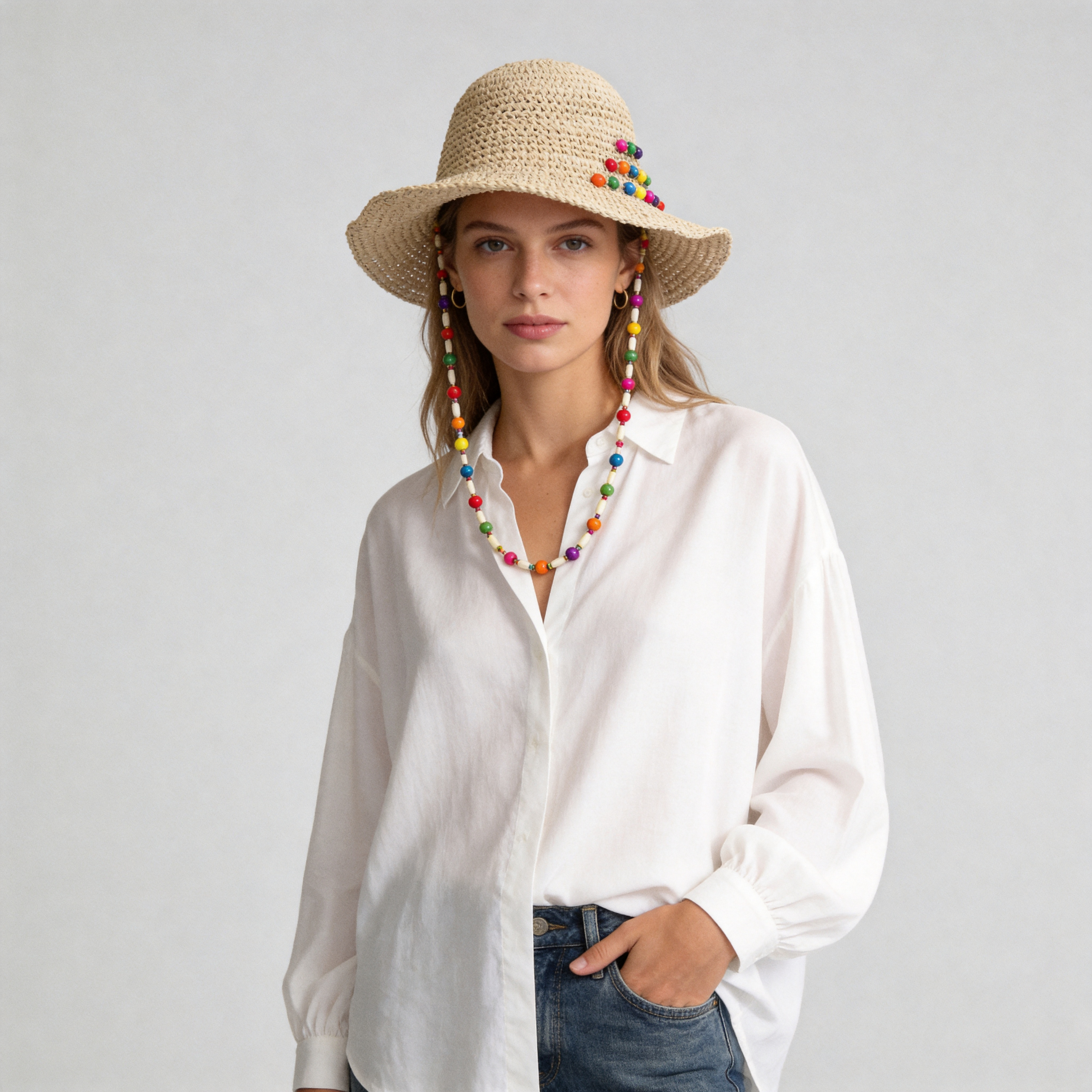 Women's Crochet Straw Bucket Hat - ackable Sun Hat with Colorful Beaded Necklace Strap