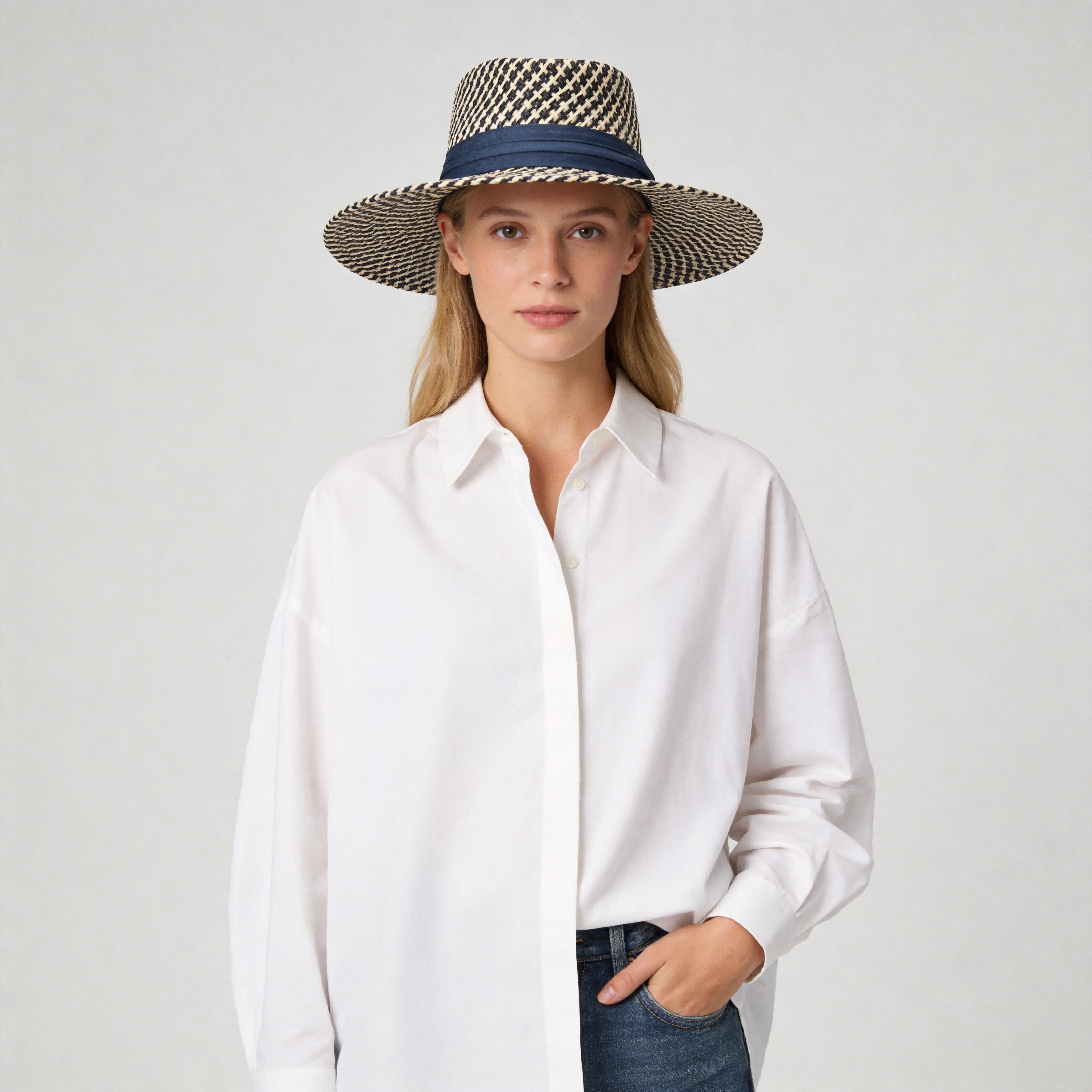 Handcrafted Mixed-Color Straw Boater Hat - Women's Flat Brim Hollow Knit Beach Fedora