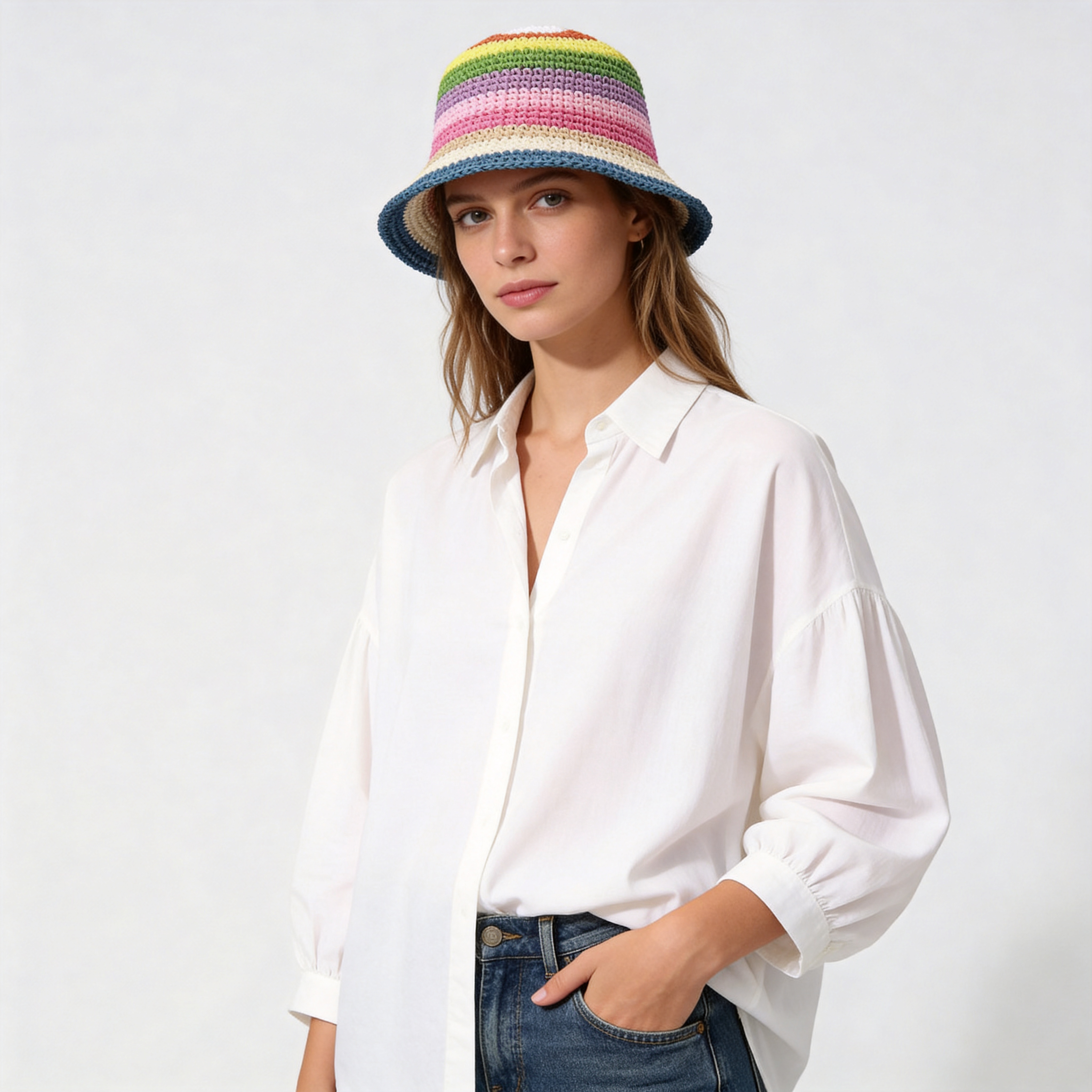 Women's Rainbow Stripe Crochet Bucket Hat - Colorful Knit Straw Sun Hat for Summer Travel & Beach Vacations