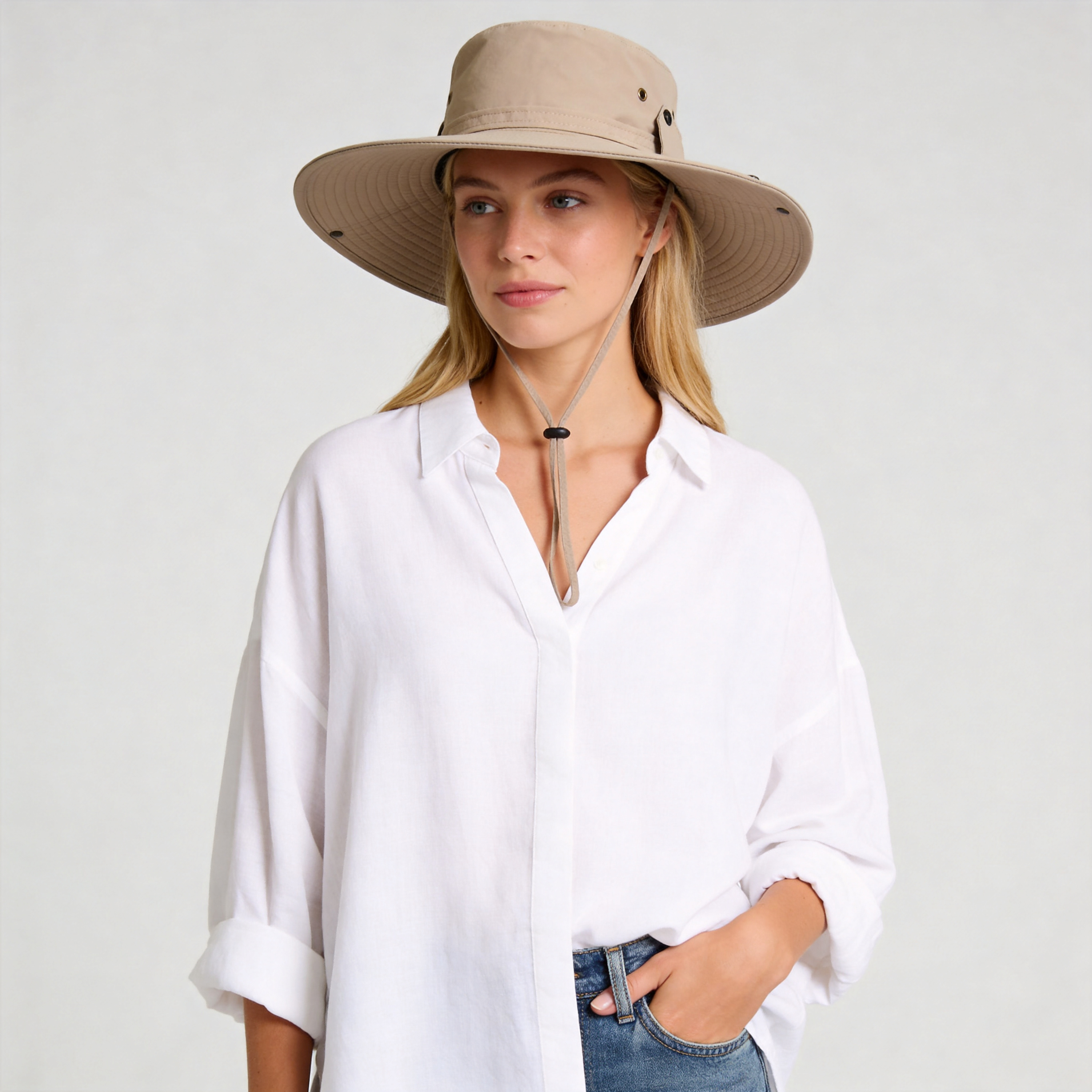 Casual Wide Brim Safari Hat for Women - Adjustable Ponytail Sun Hat with Drawstring for Fishing & Beach