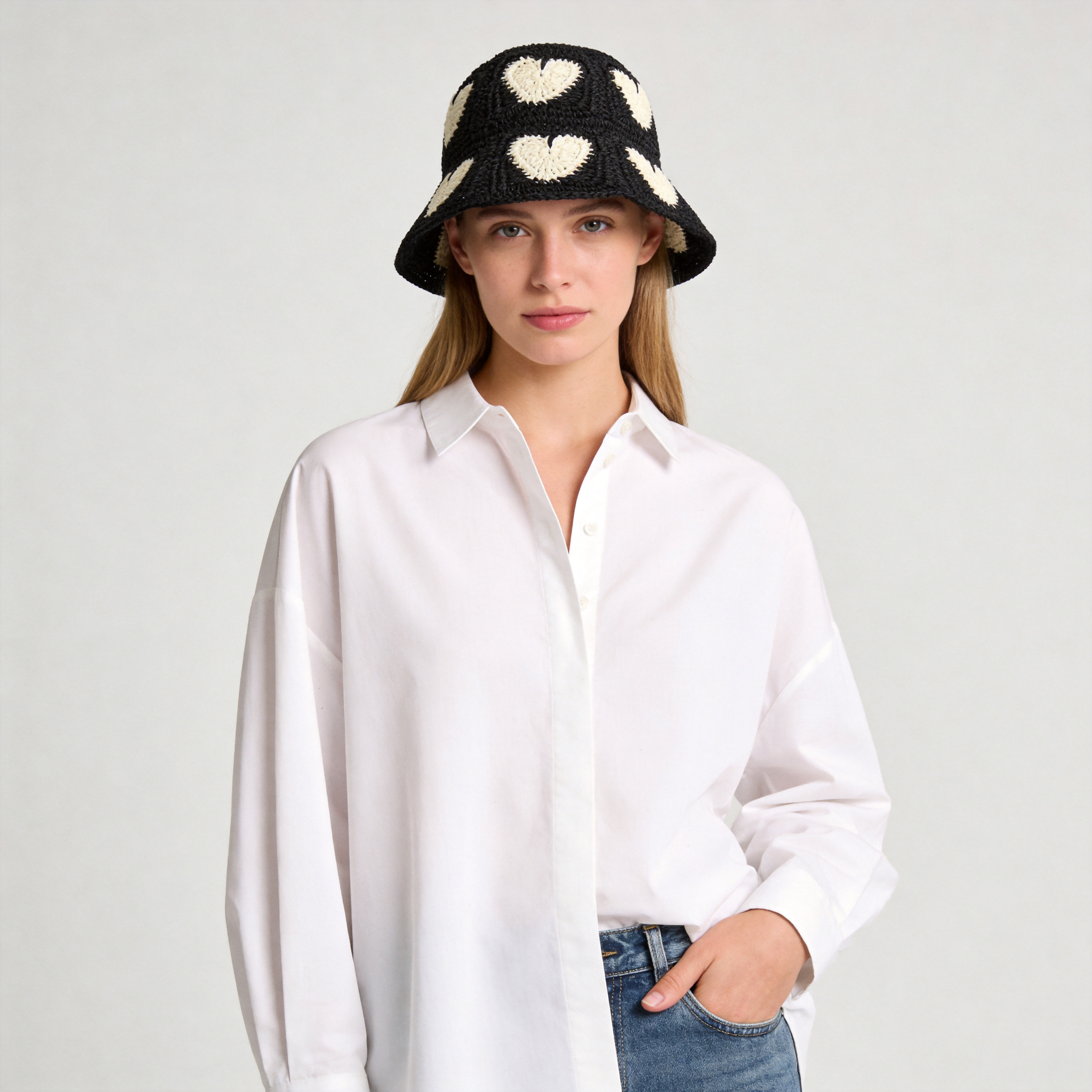Women's Sweetheart Crochet Bucket Hat - Handmade Straw Sun Hat with Knit Heart Patterns for Summer Vacation