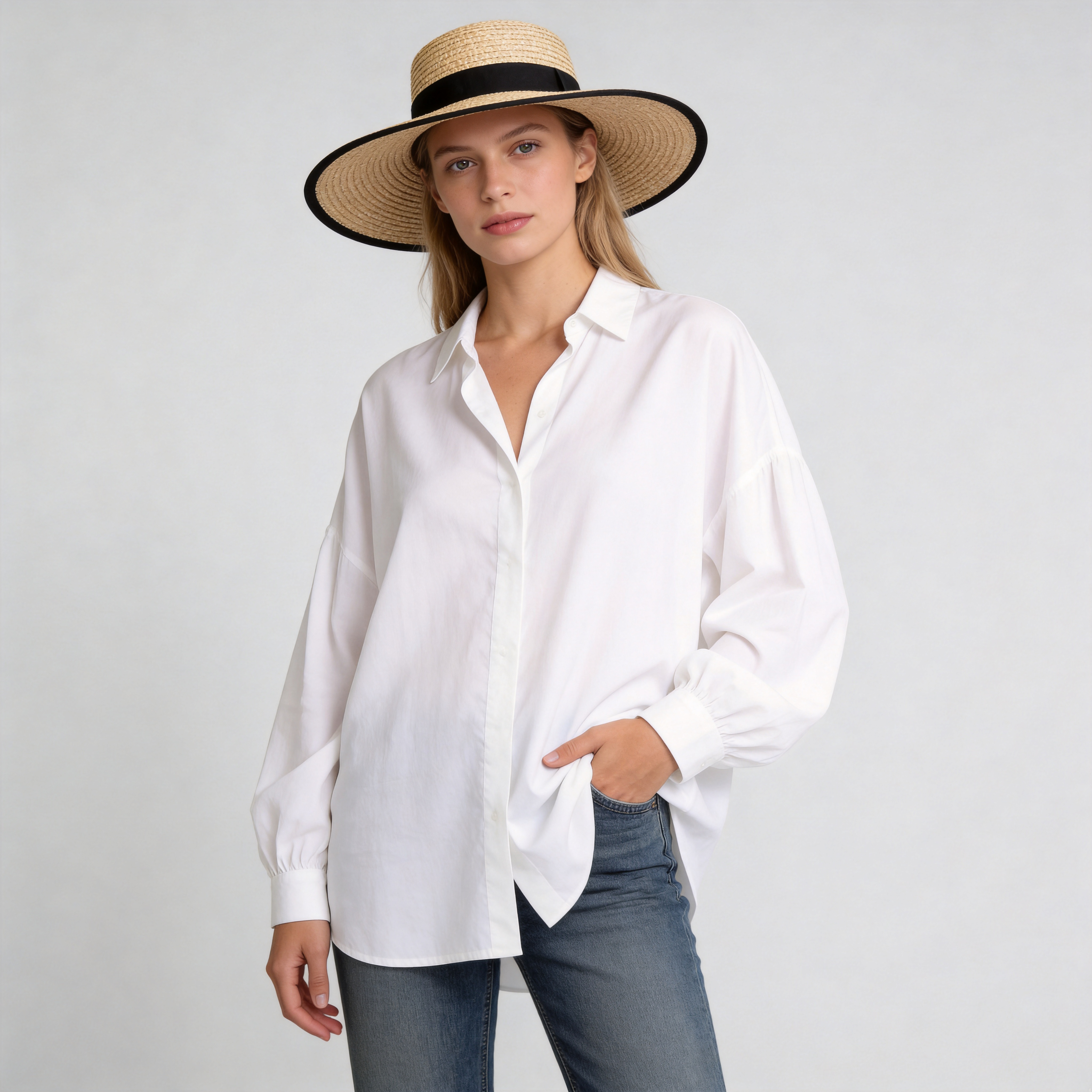 Women's Flat Top Boater Straw Hat - 5.1" Wide Brim Summer Beach Sun Hat with Black Trim Accent