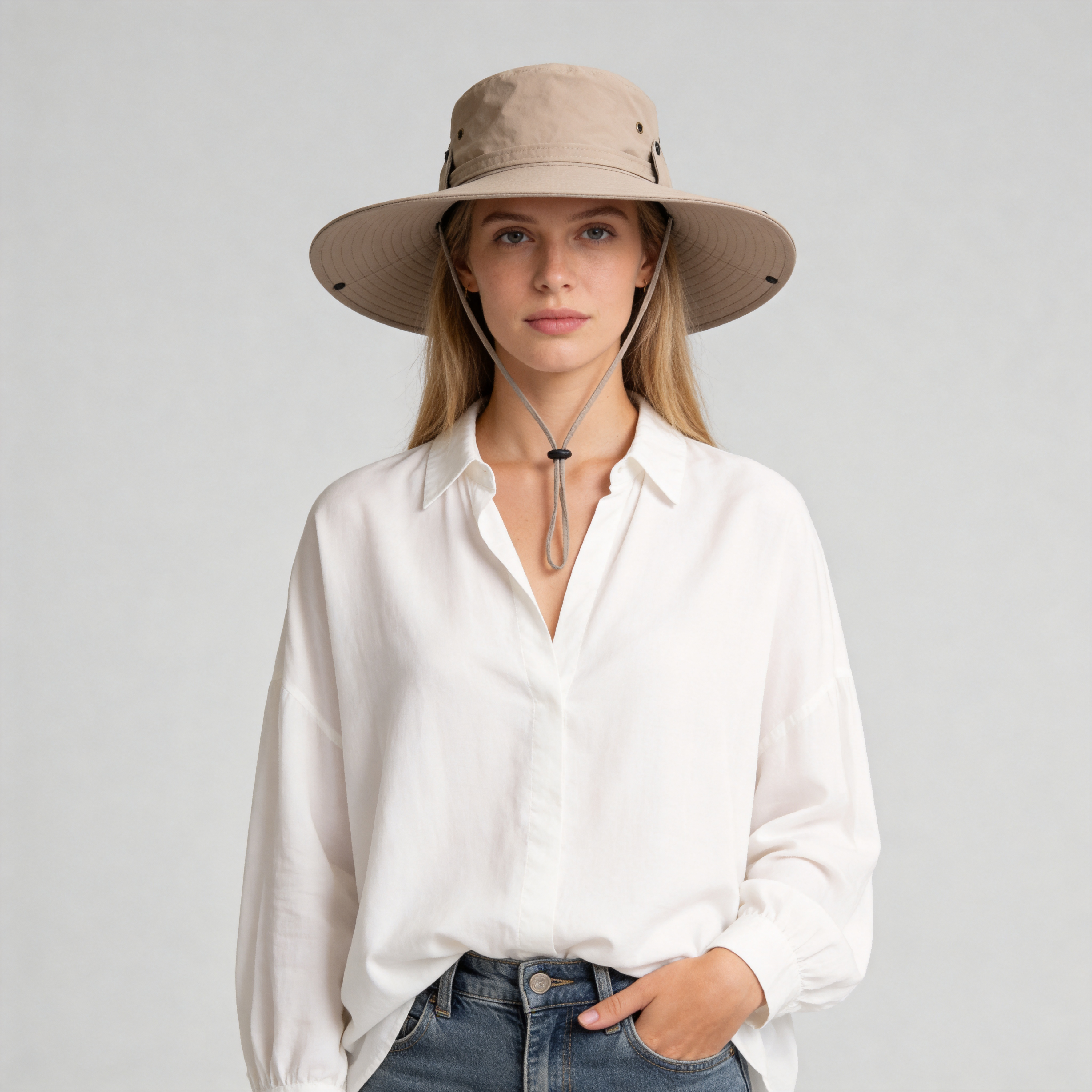 Casual Wide Brim Safari Hat for Women - Adjustable Ponytail Sun Hat with Drawstring for Fishing & Beach