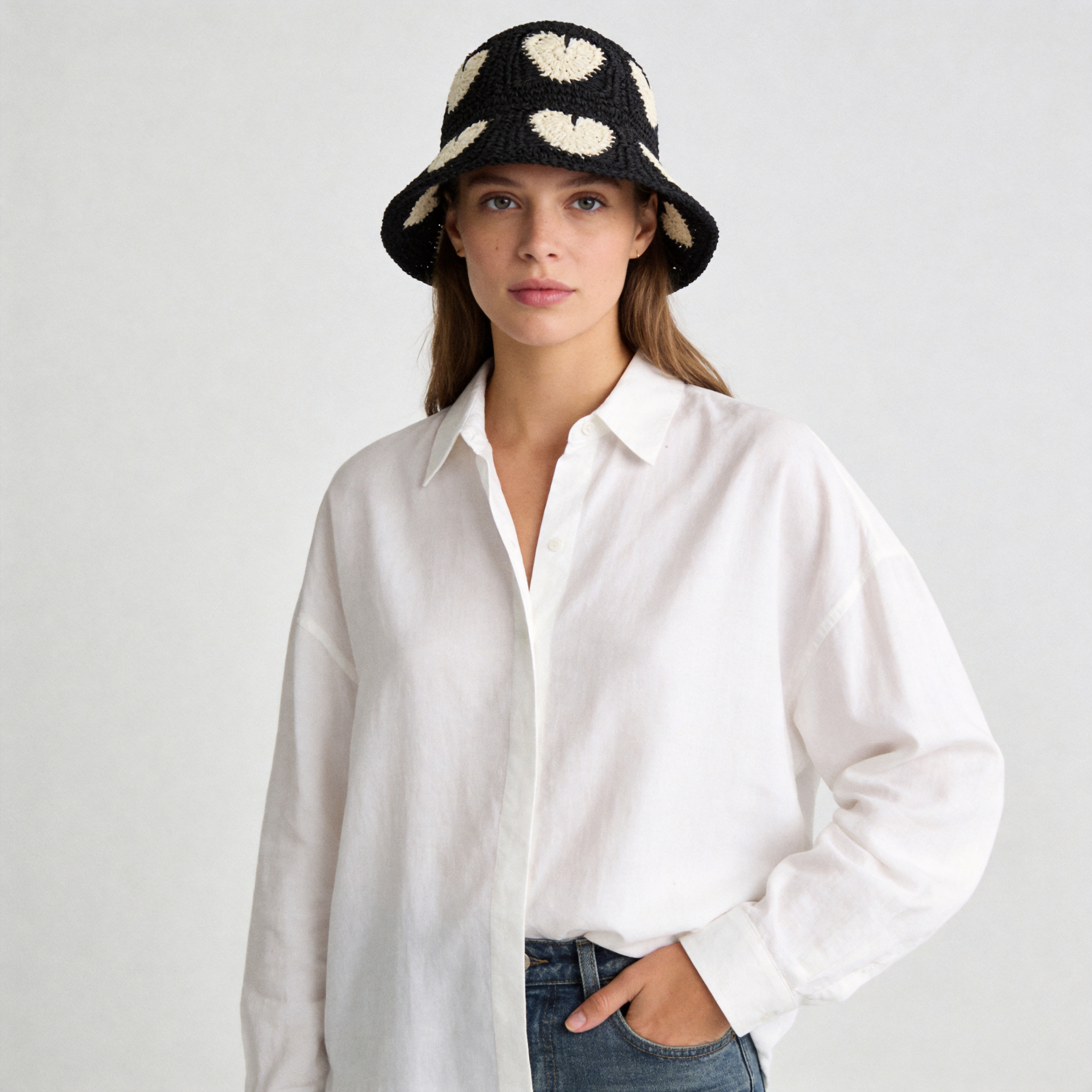 Women's Sweetheart Crochet Bucket Hat - Handmade Straw Sun Hat with Knit Heart Patterns for Summer Vacation