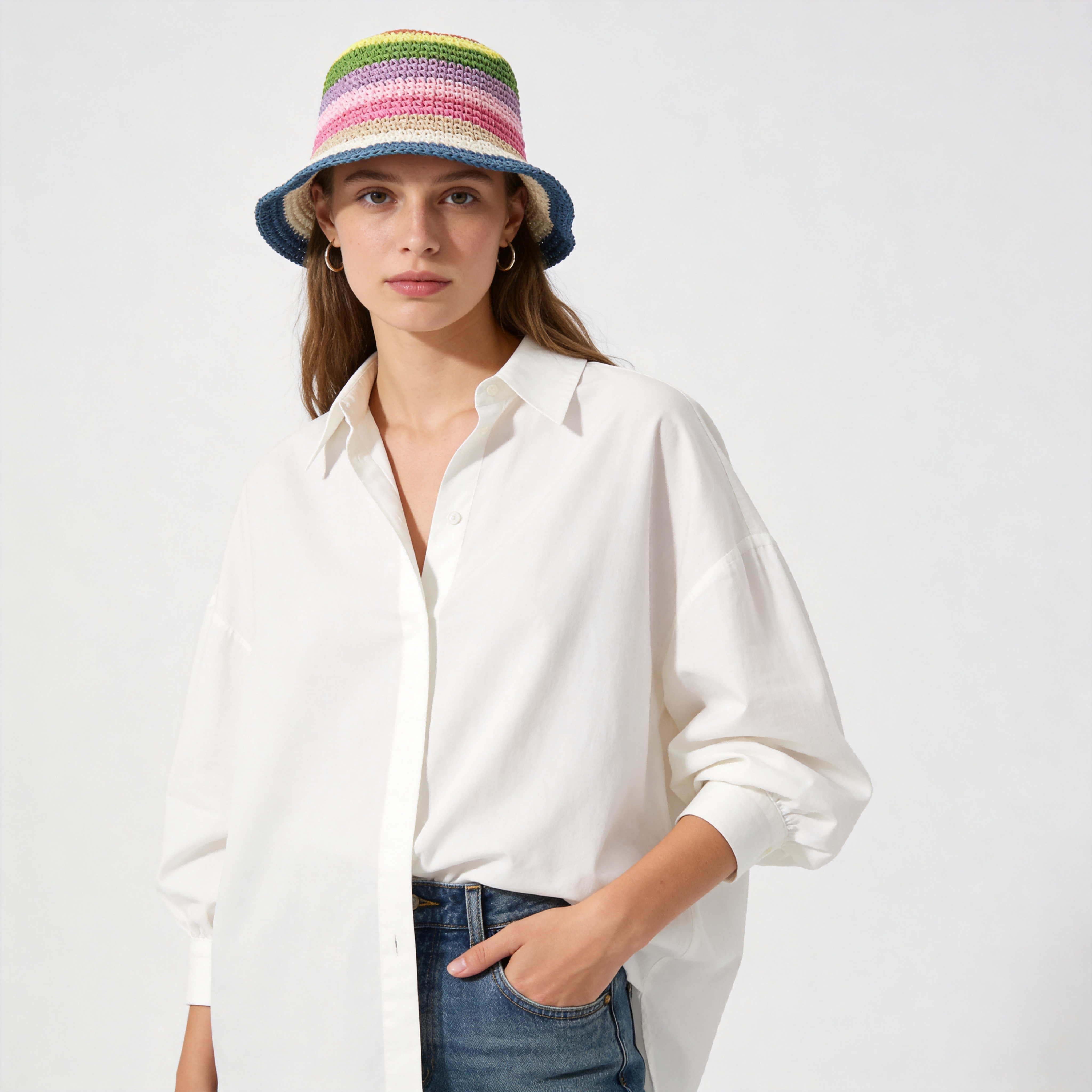 Women's Rainbow Stripe Crochet Bucket Hat - Colorful Knit Straw Sun Hat for Summer Travel & Beach Vacations
