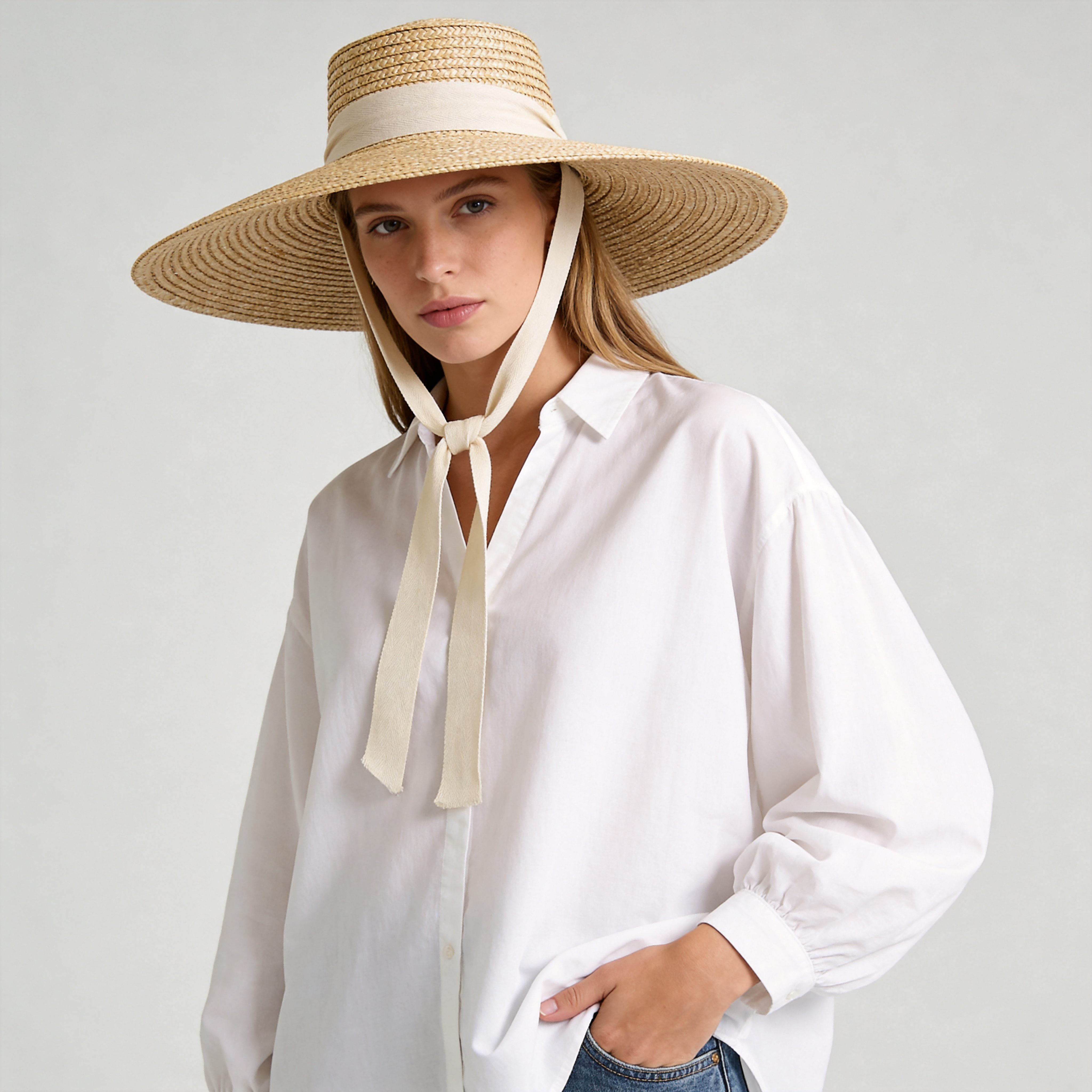 Women's Long Ribbon Straw Beach Hat - Extra Wide Brim Wheat Straw Boater Sun Hat for Vacation