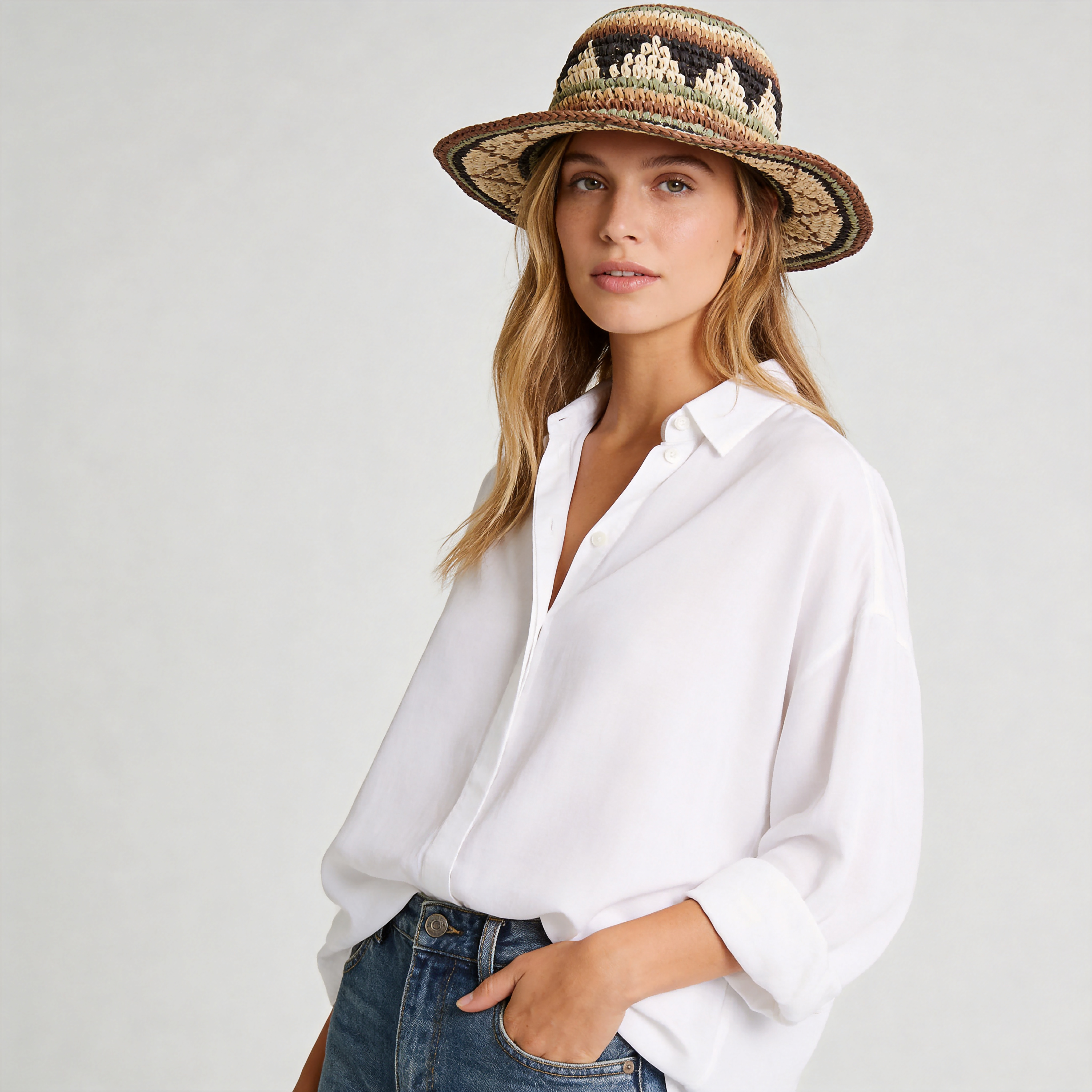 Women's Striped Crochet Bucket Hat - 2" Brim Packable Straw Sun Hat Cloche for Summer Travel