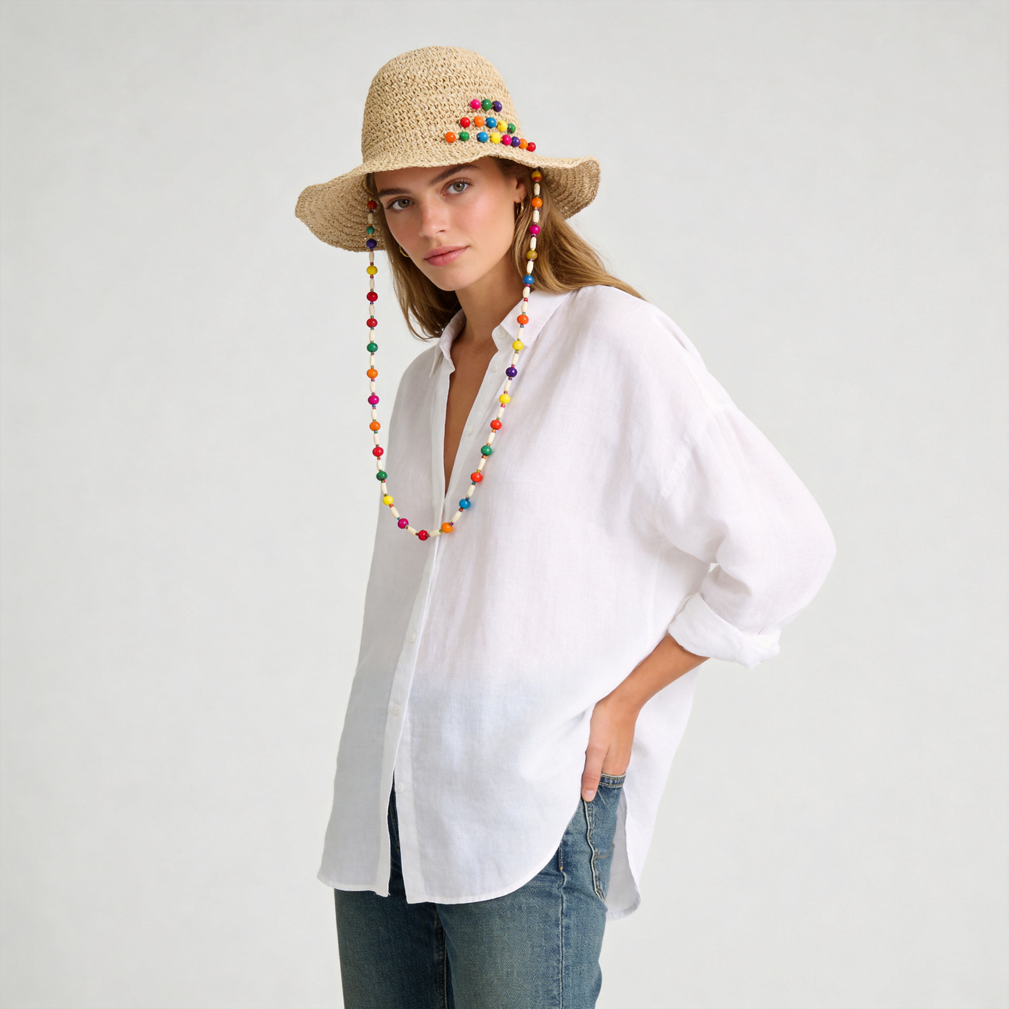 Women's Crochet Straw Bucket Hat - ackable Sun Hat with Colorful Beaded Necklace Strap