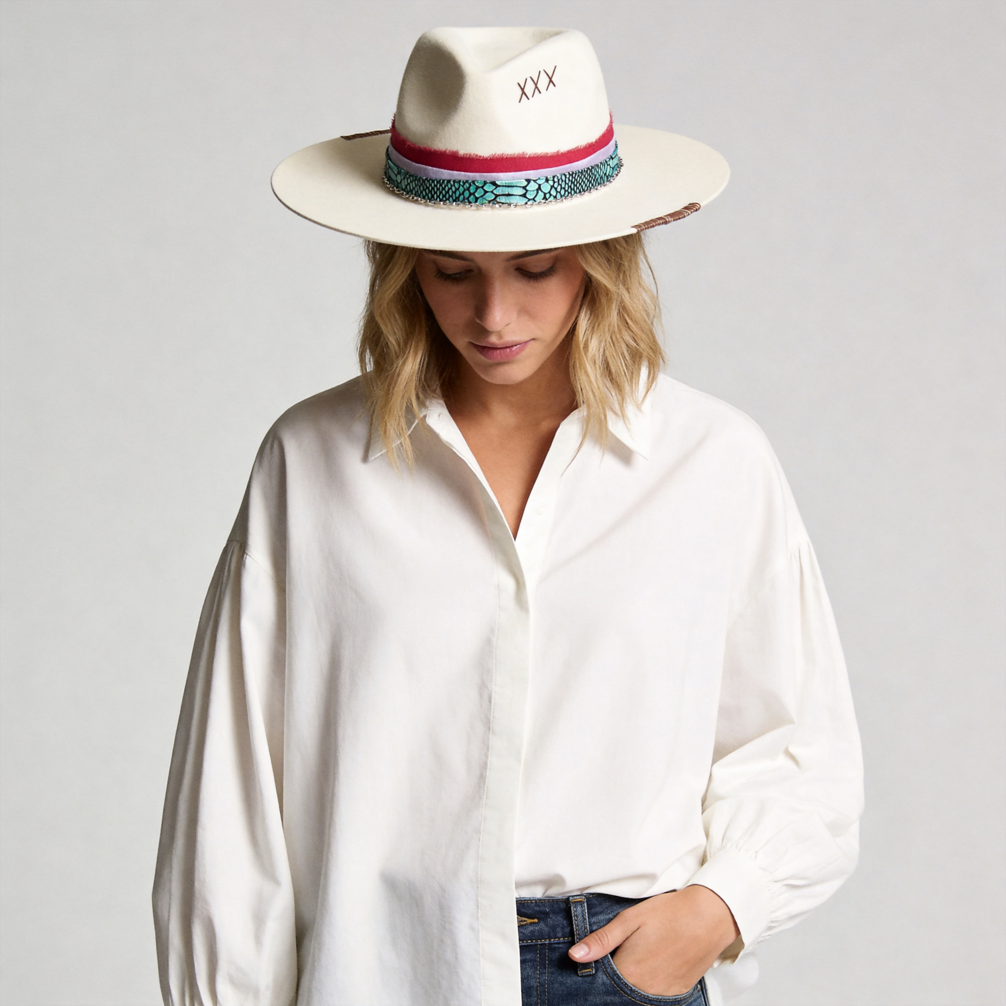 Off-White Felt Hat - Custom Green & Red Fabric Strap