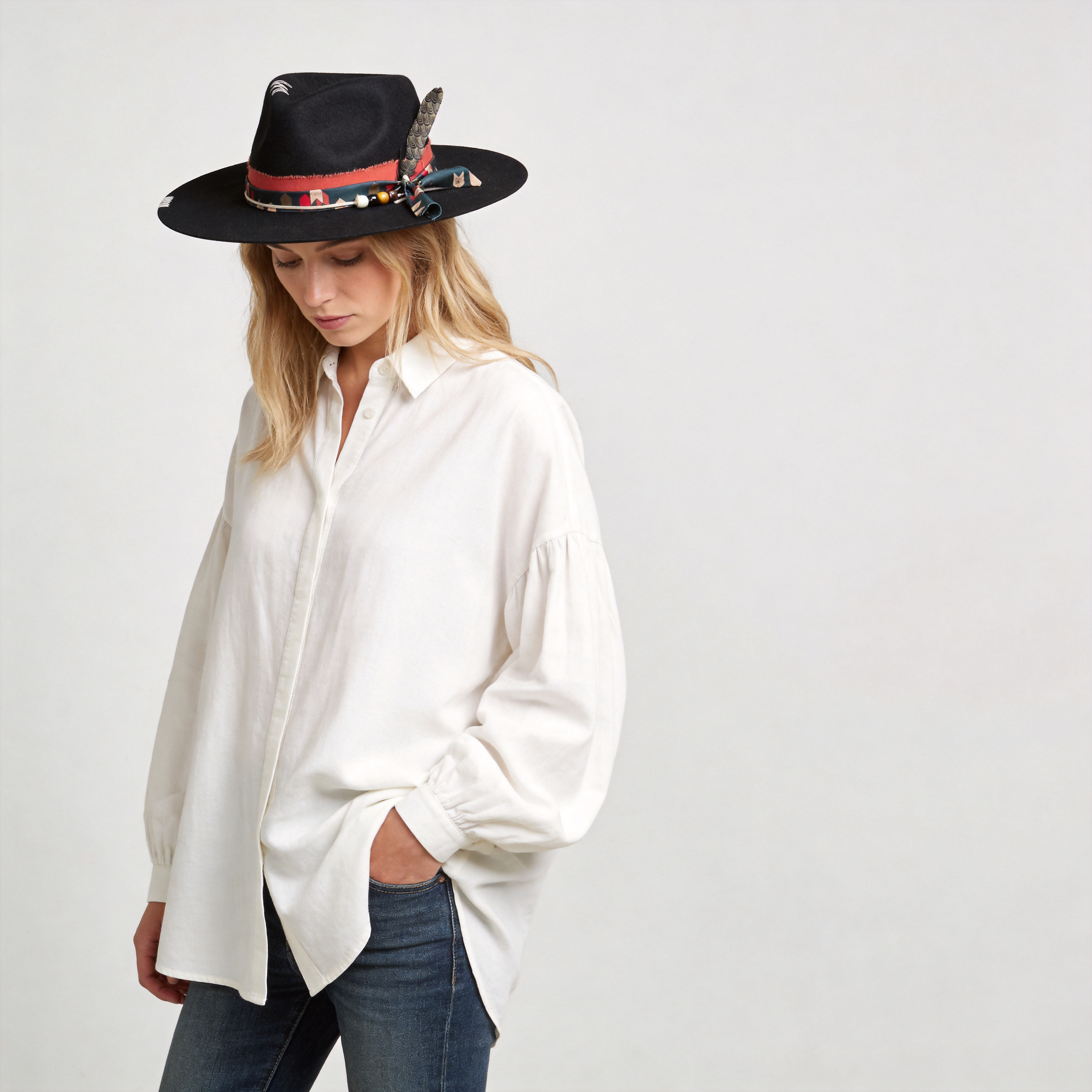 Teardrop Felt Hat with Feather Accent