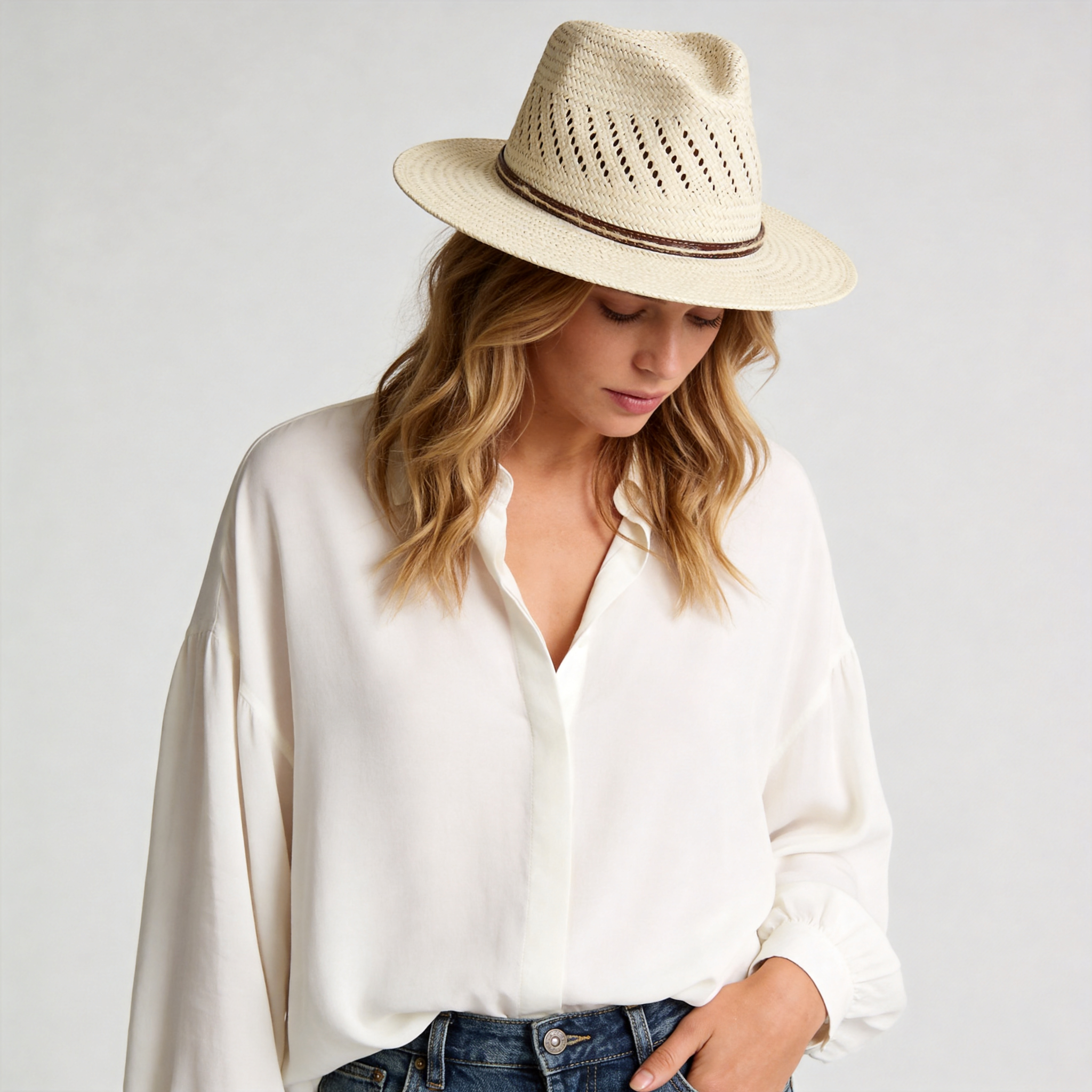 Straw Hat – Beige with Openwork Crown