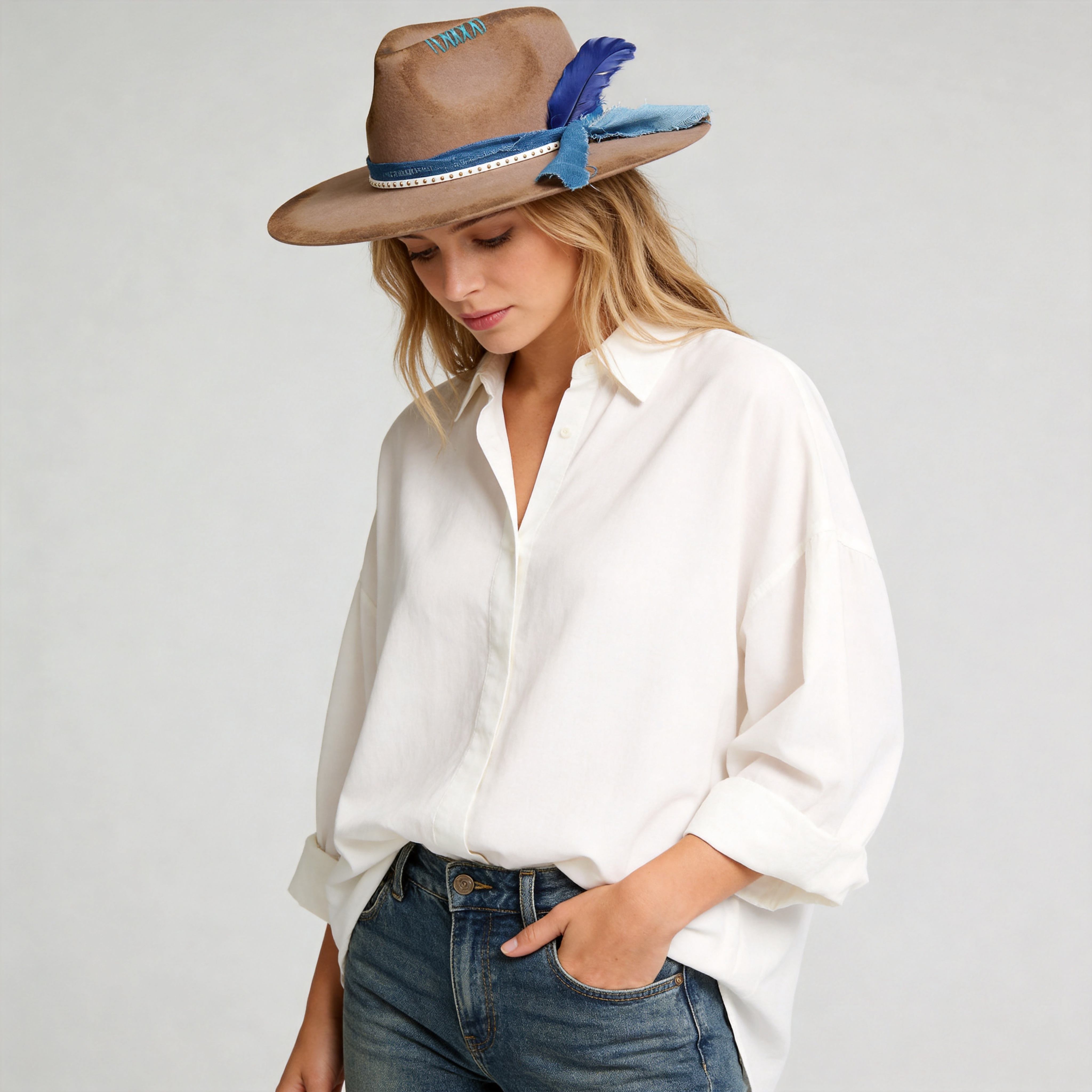 Hand-Burned Camel Felt Hat – Fabric Band, Feather Accent