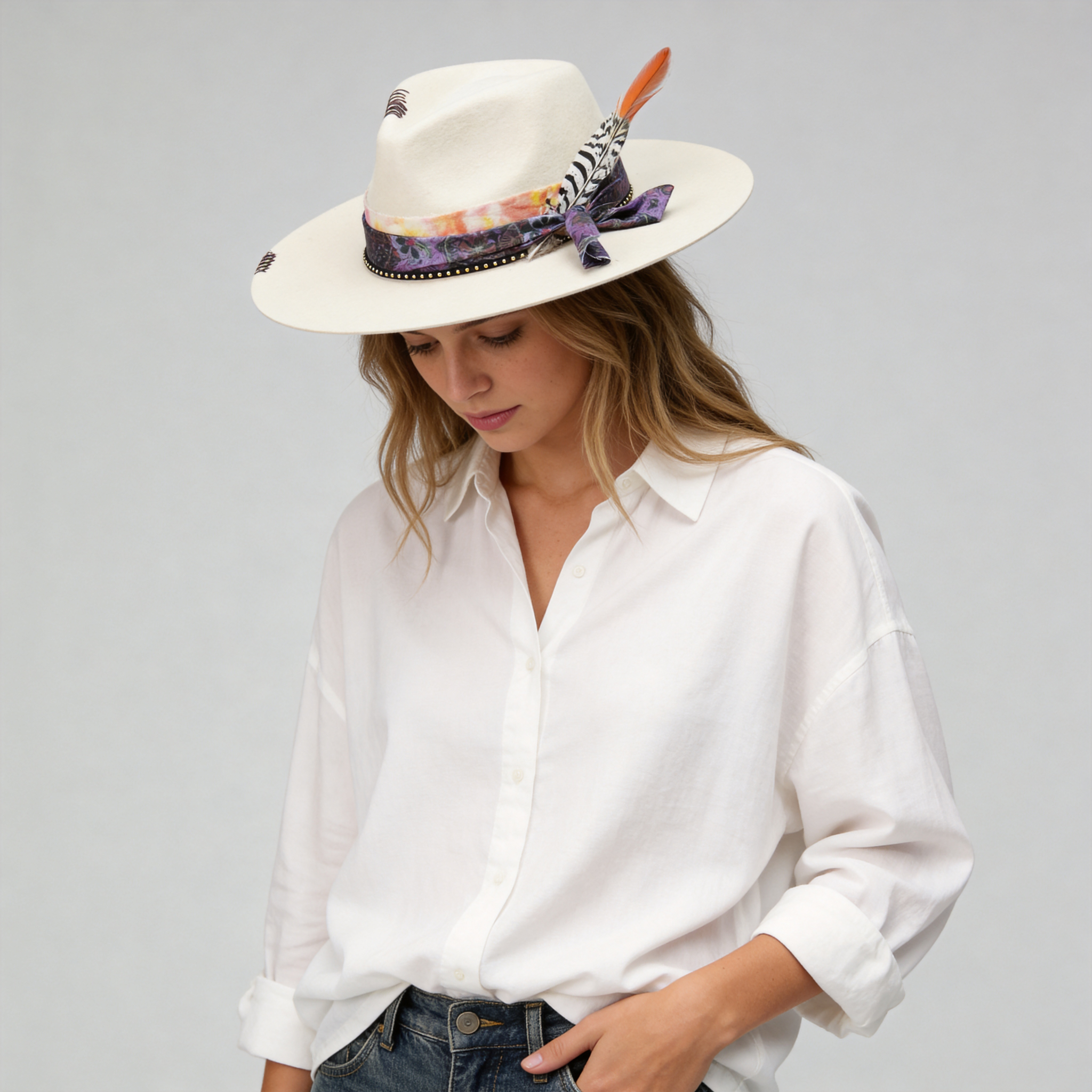 Teardrop Felt Hat with Ornate Band & Feathers