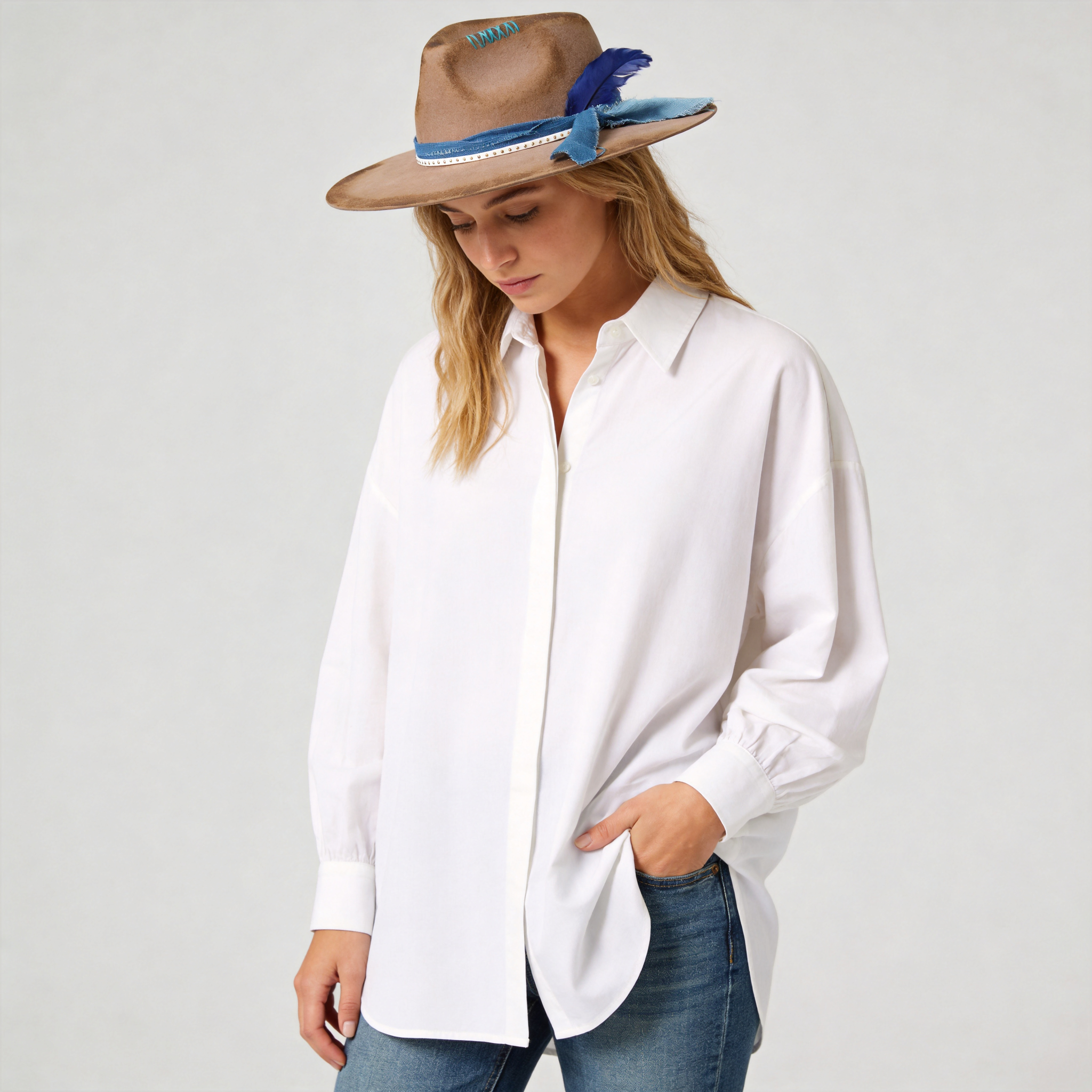 Hand-Burned Camel Felt Hat – Fabric Band, Feather Accent