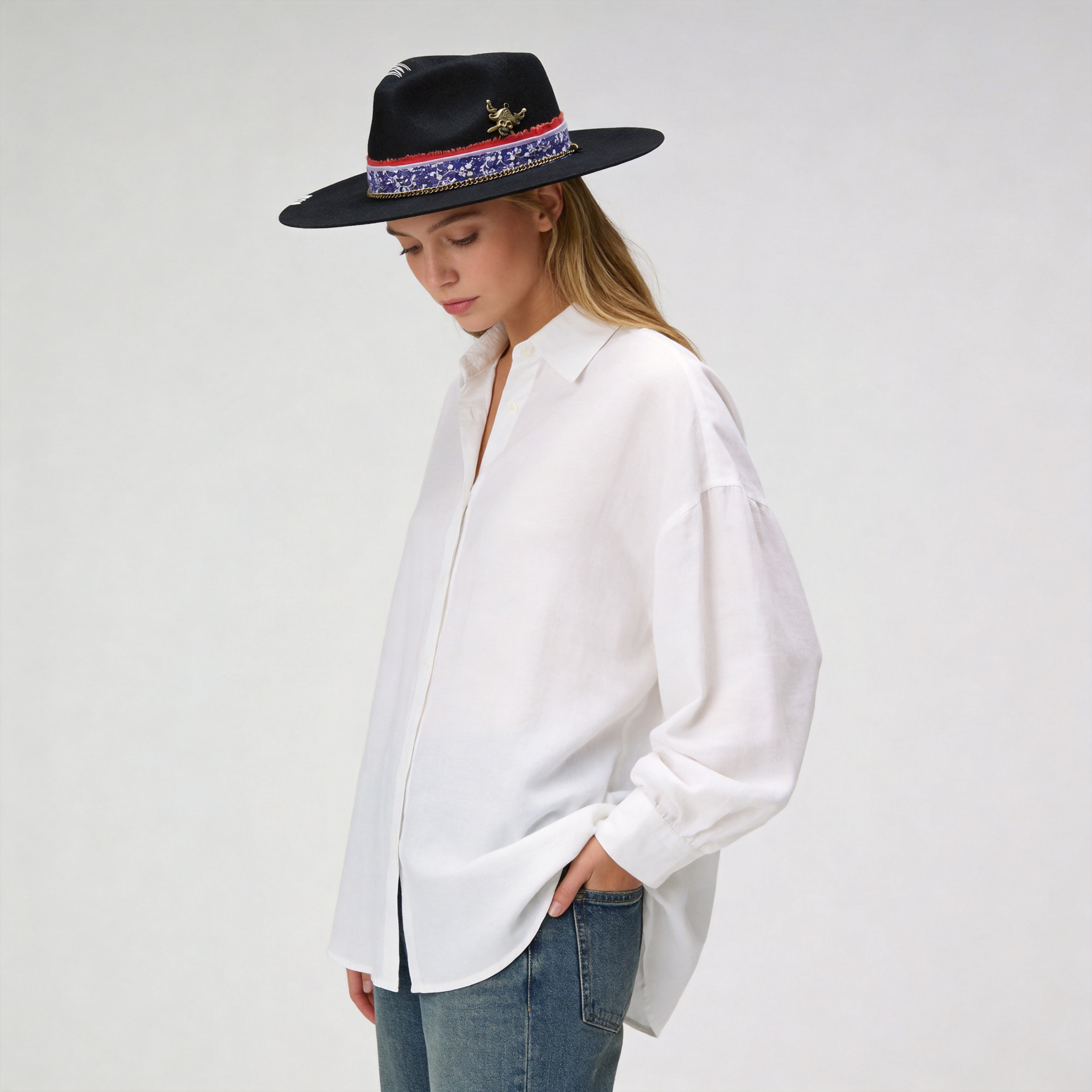 Felt Hat: Floral Fabric and Ornate Metal Detail