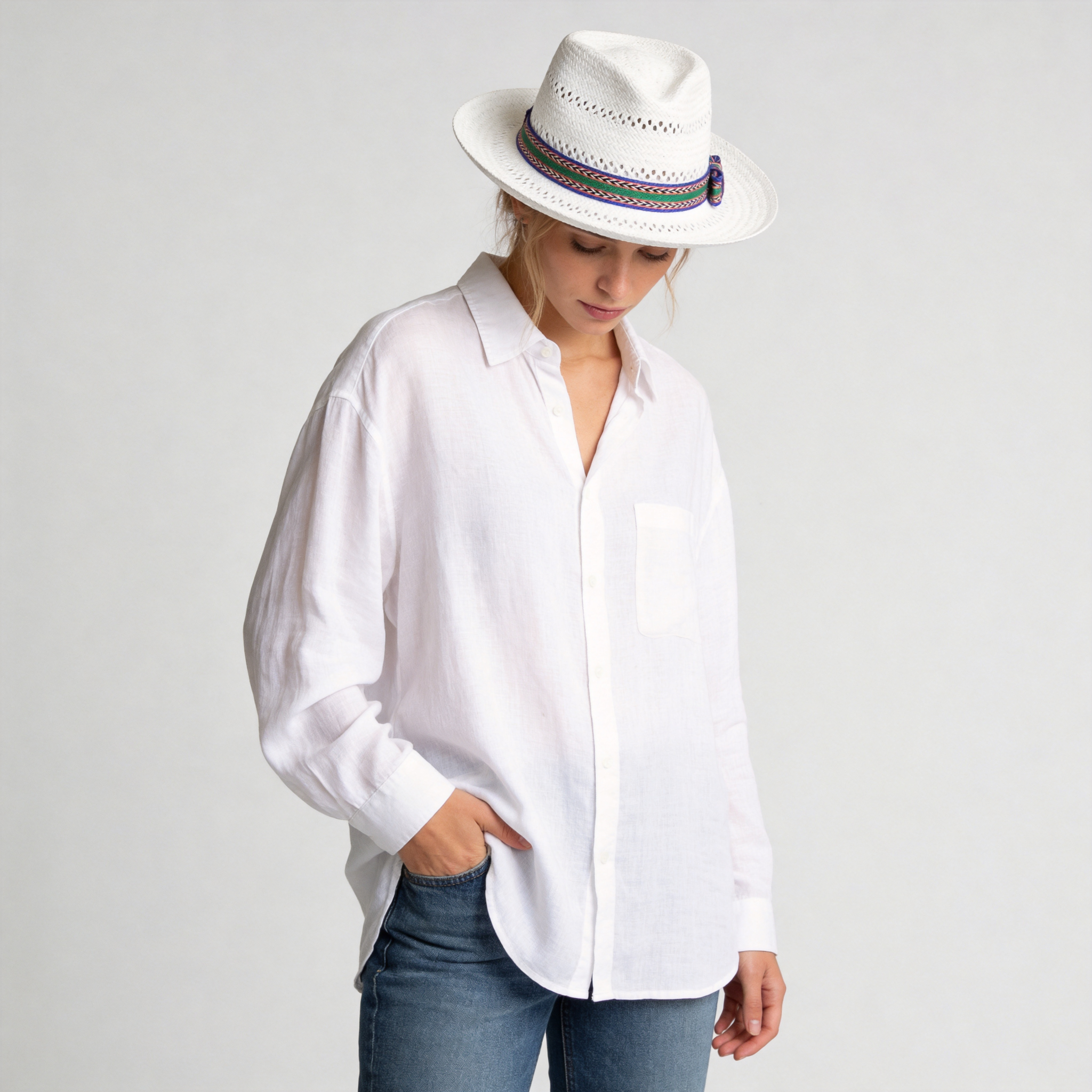 White Breathable Straw Hat with Cutout Crown & Brim