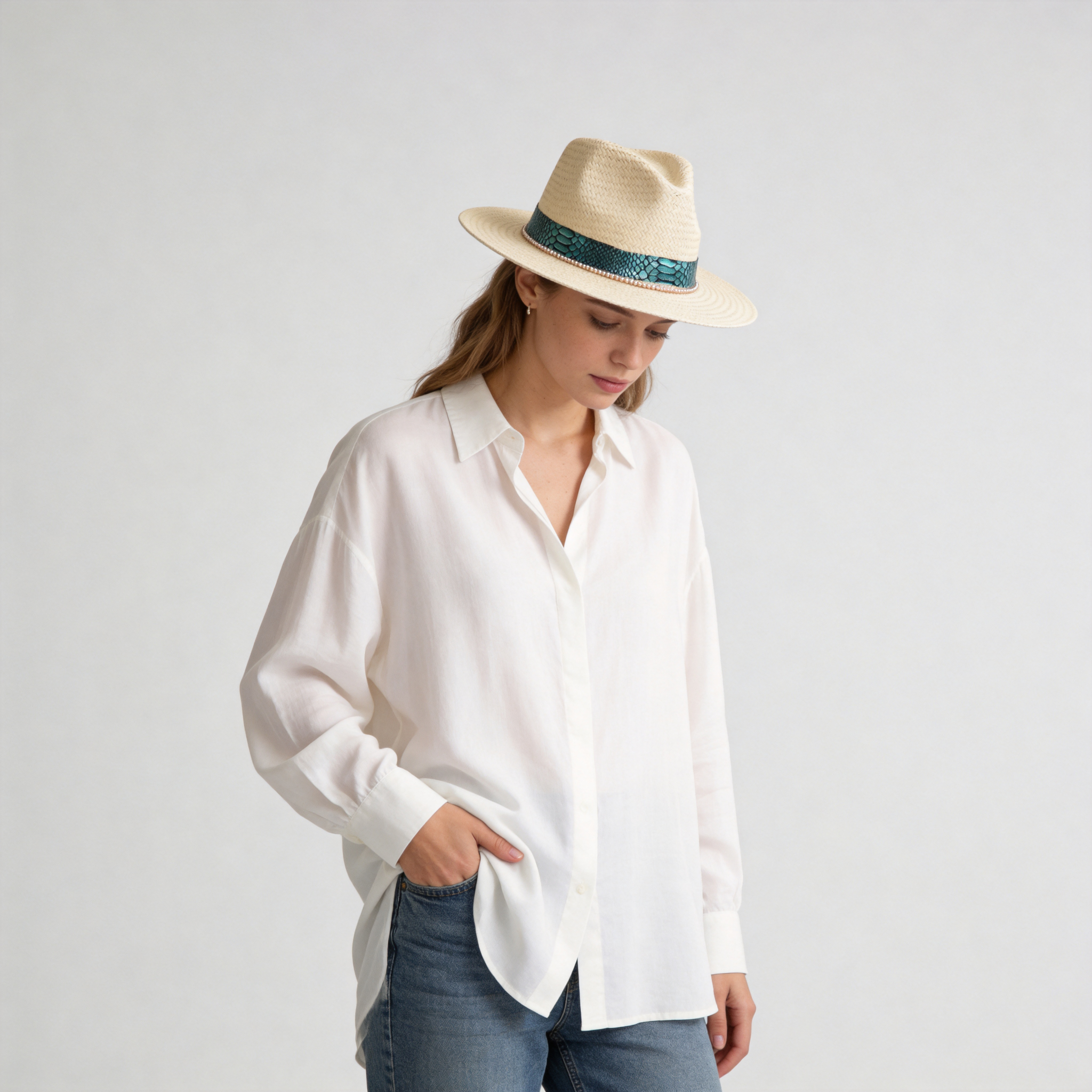 Beige Straw Hat with Champagne Beads & Luxe Fabric Band
