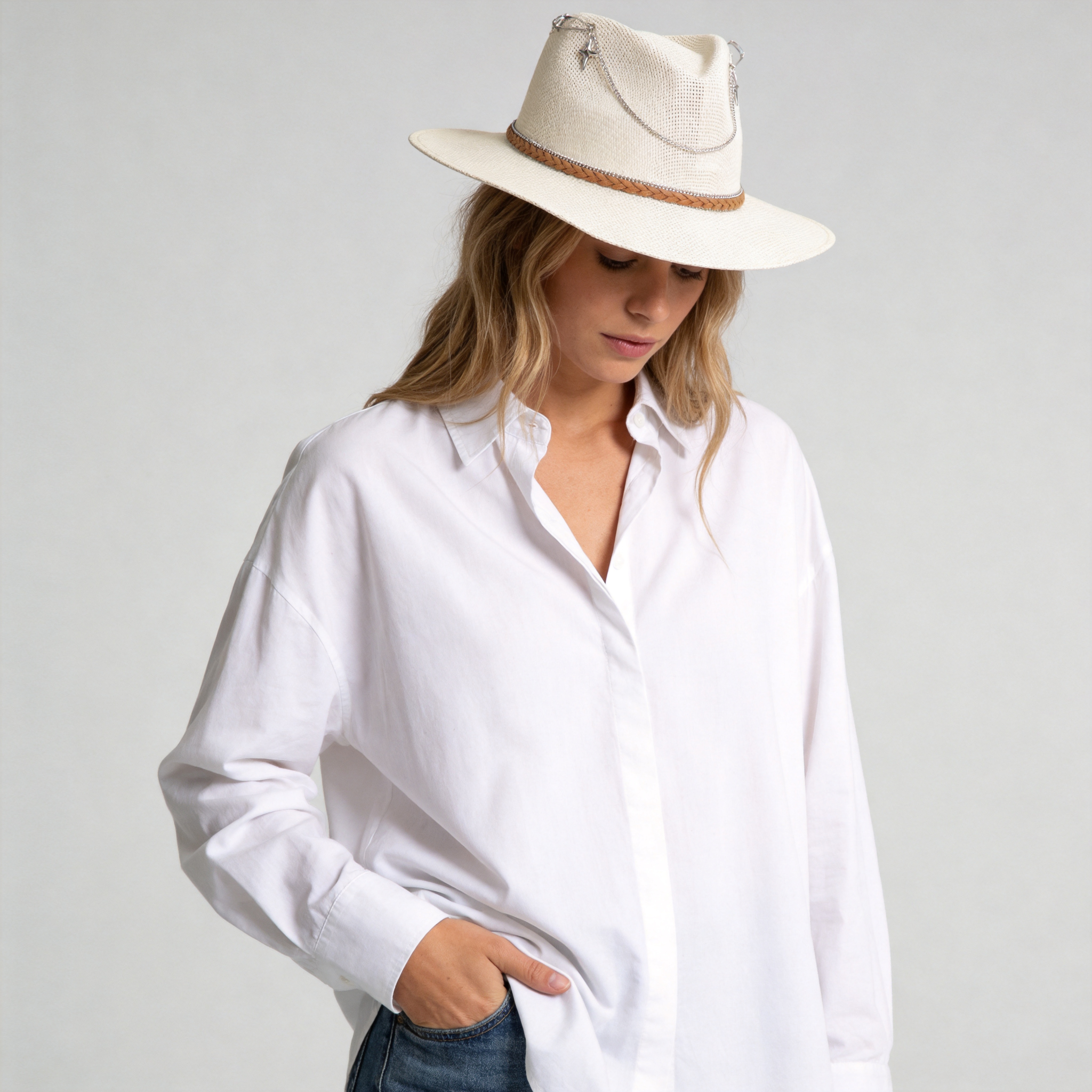 Off-White Straw Hat with Silver Chain & Woven Band