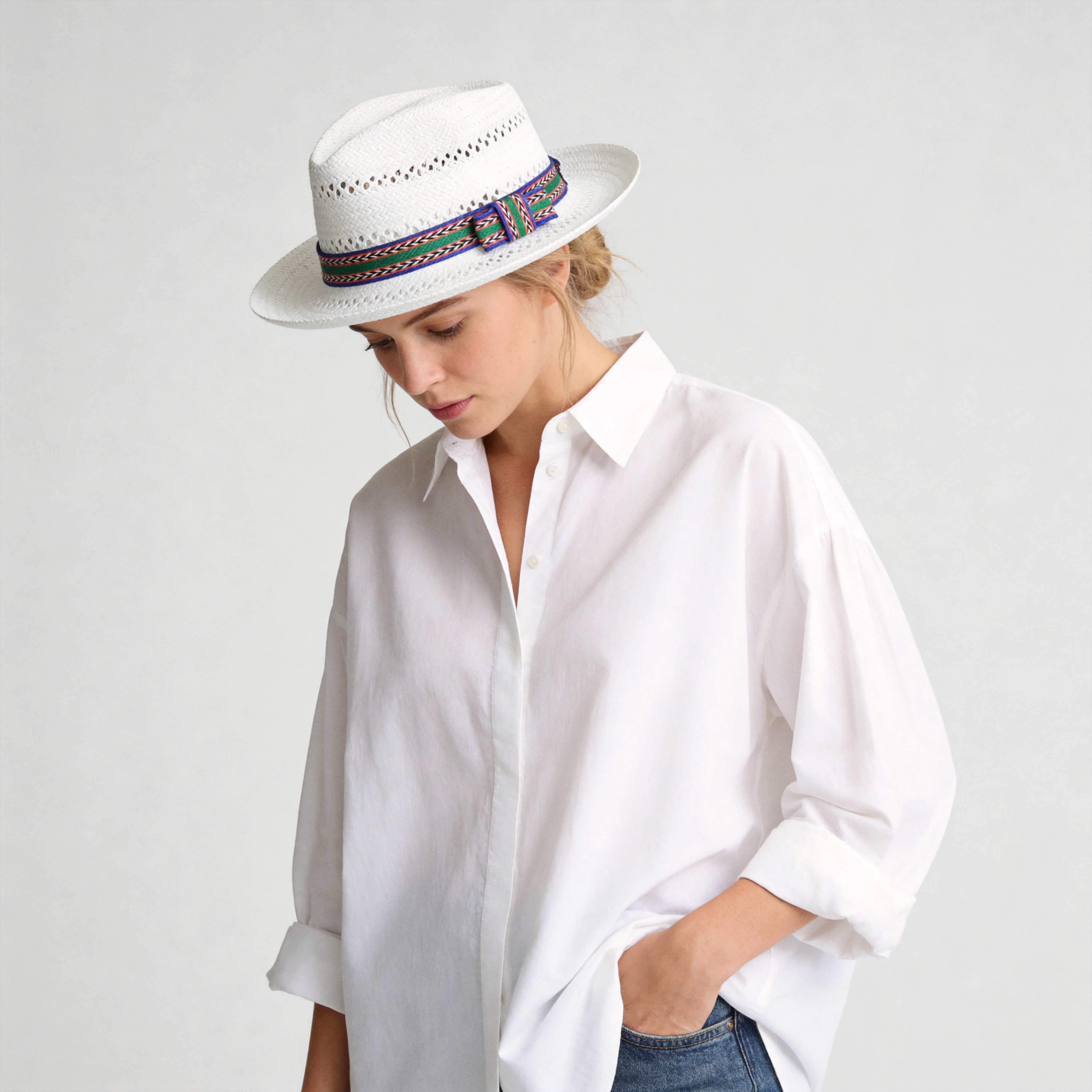 White Breathable Straw Hat with Cutout Crown & Brim
