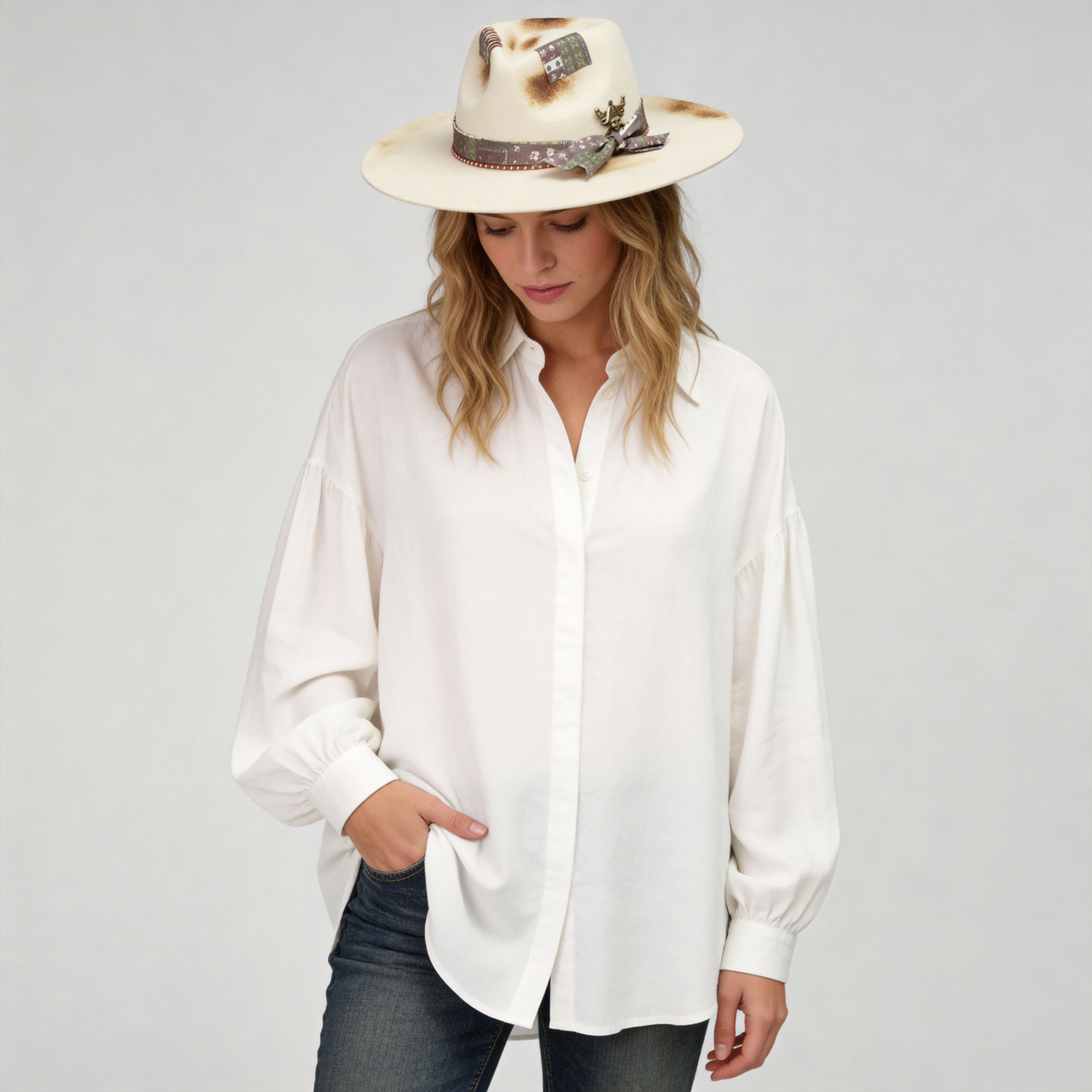 Hand-Burned Edgy Felt Hat – Neutral Tone, Mixed Media Band