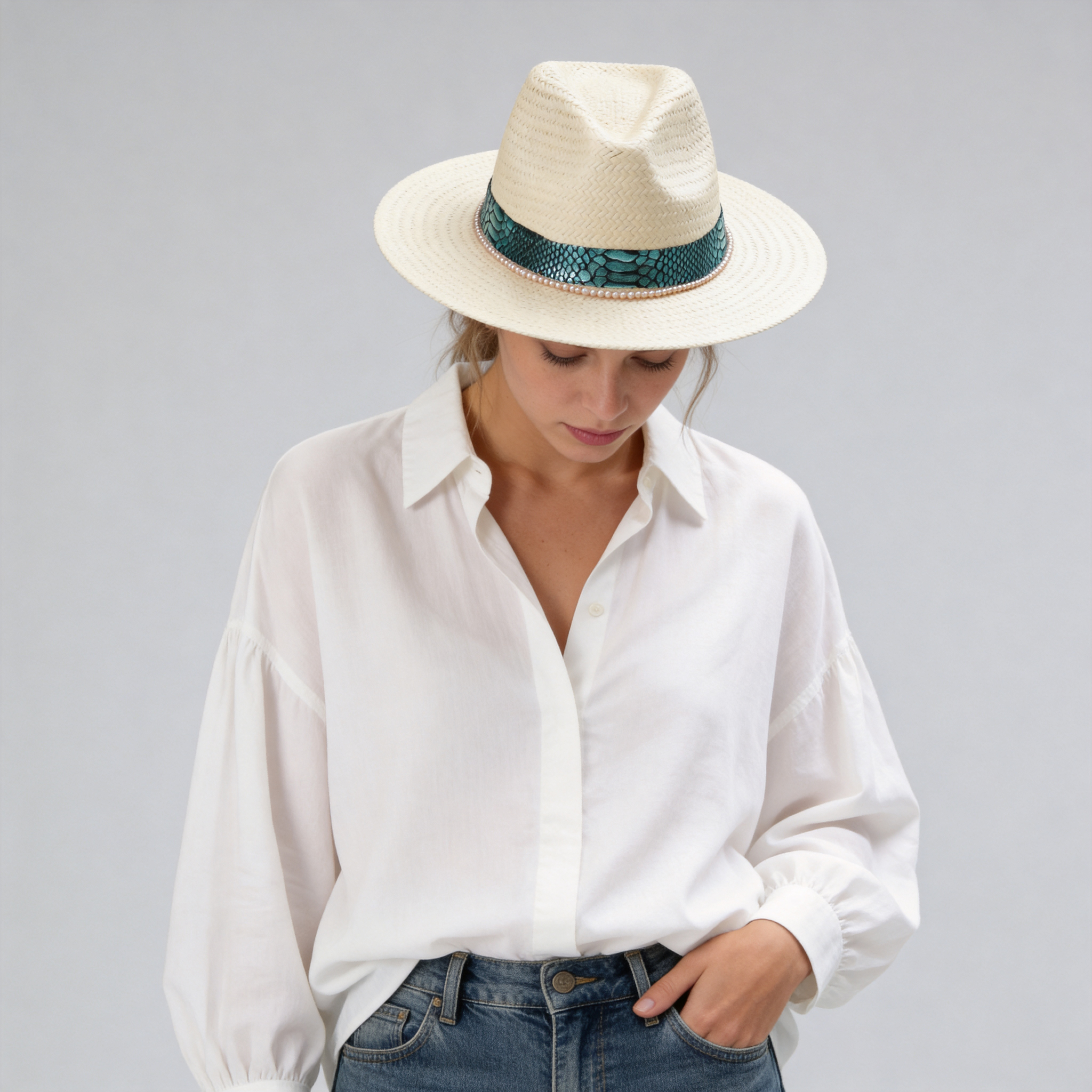 Beige Straw Hat with Champagne Beads & Luxe Fabric Band