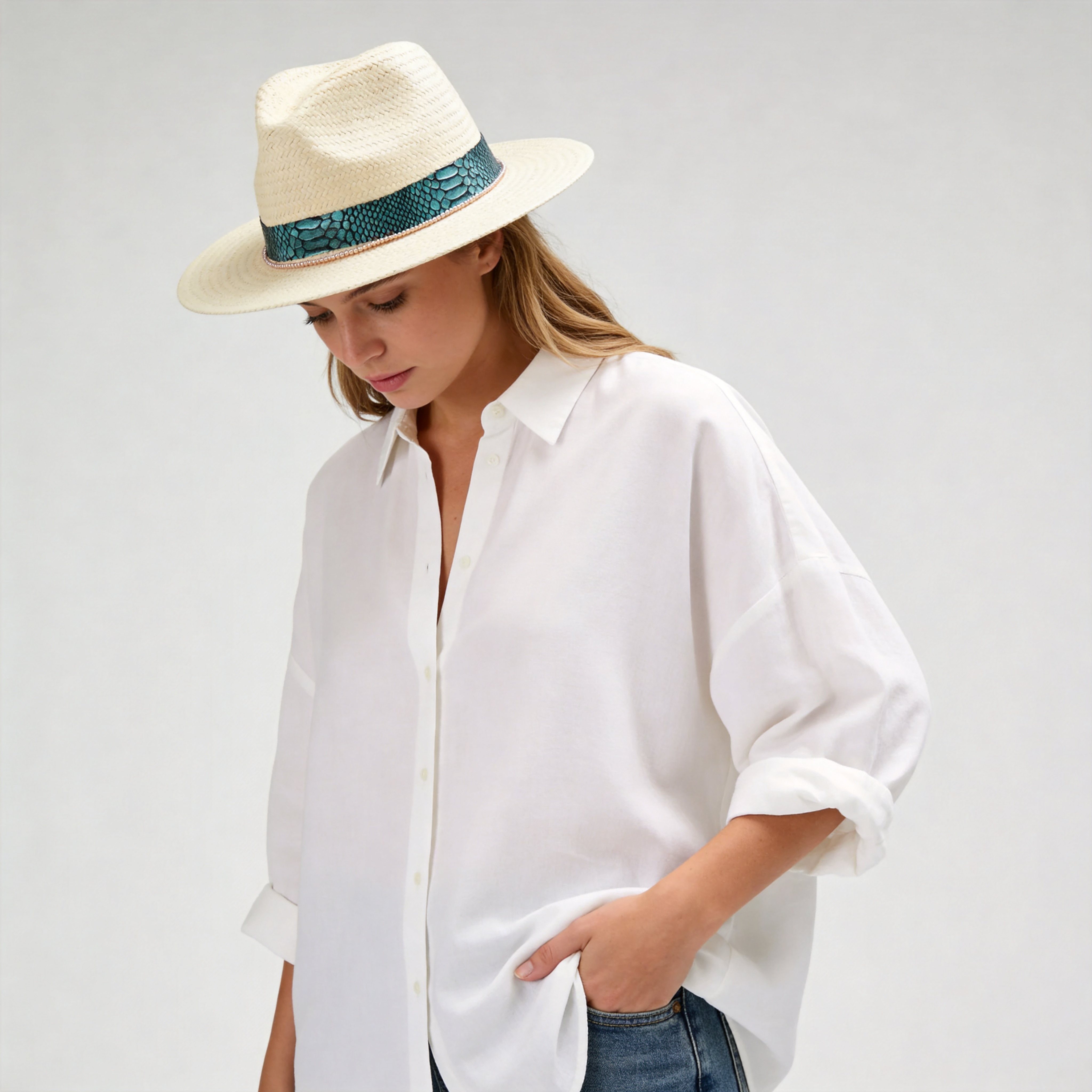 Beige Straw Hat with Champagne Beads & Luxe Fabric Band