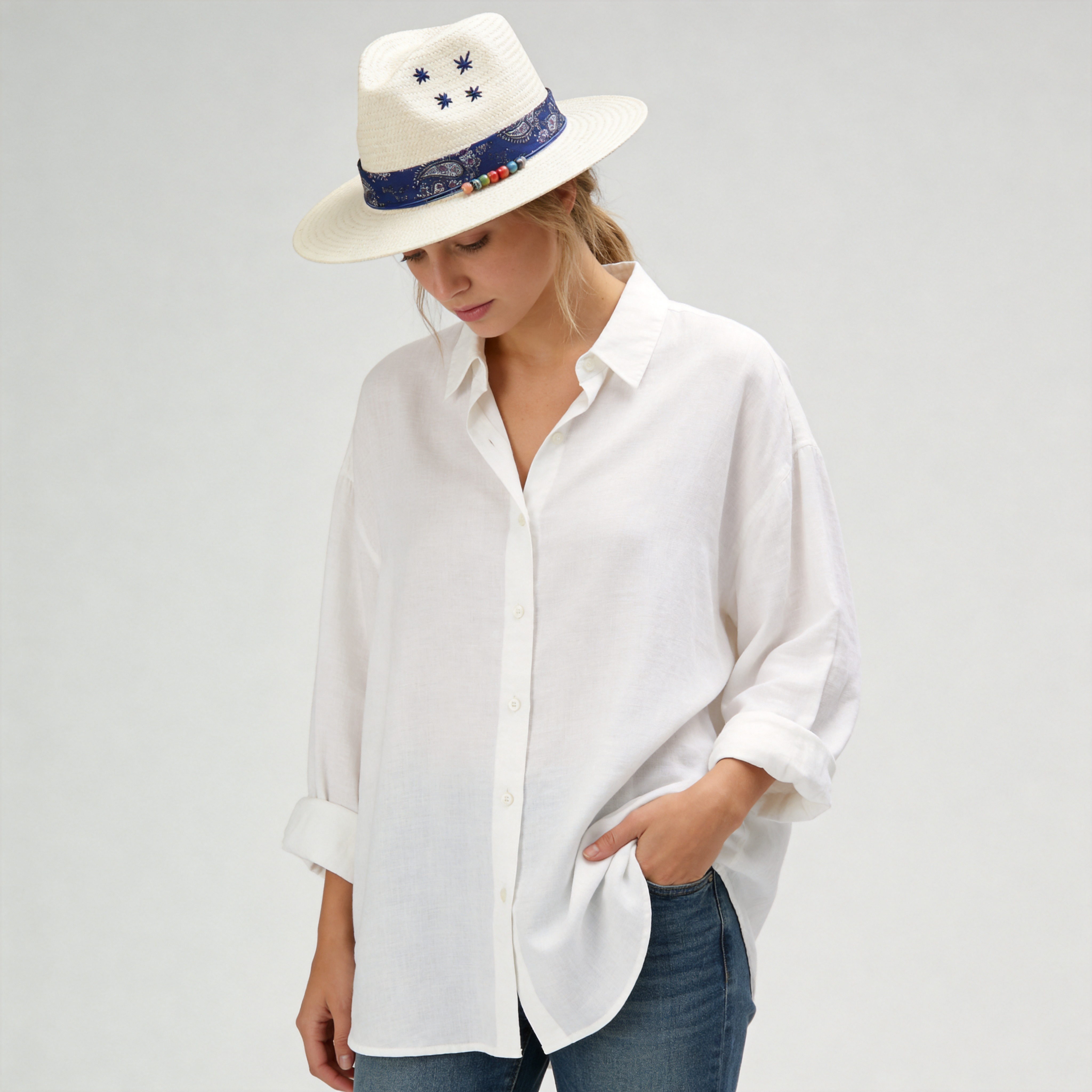 White Straw Hat with Blue Print Band & Colorful Beads